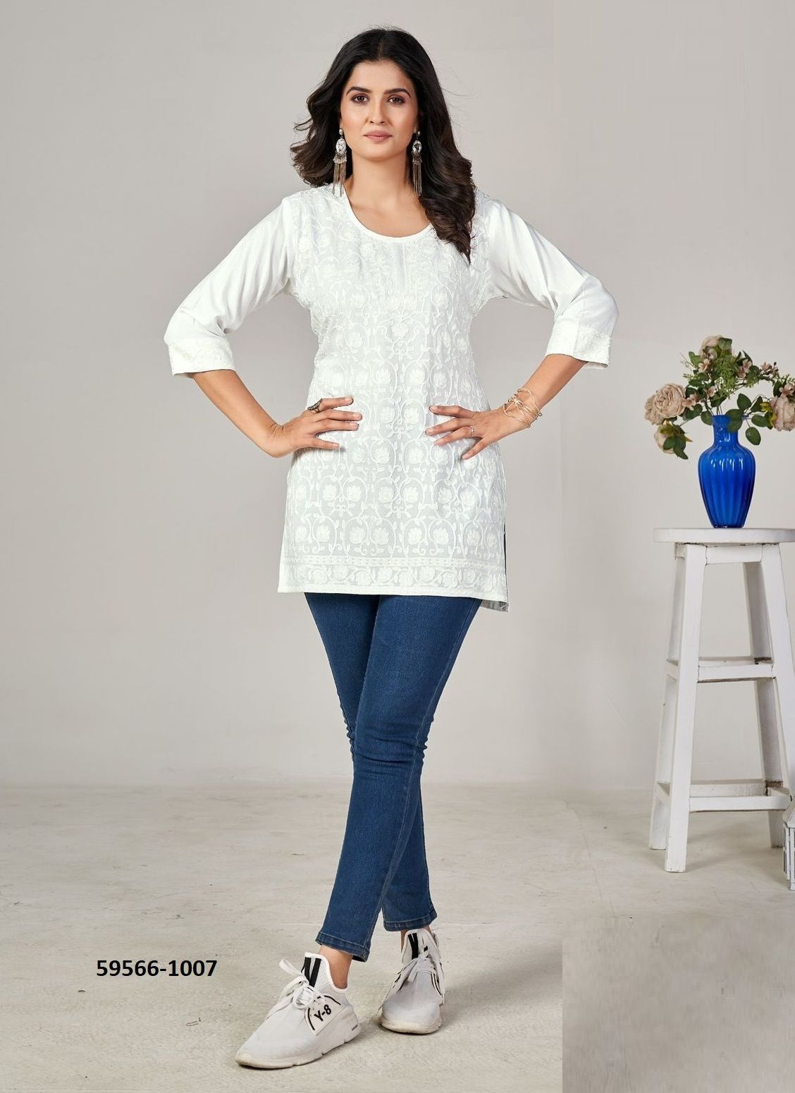 CHIKANKARI TOPS - Catalog # 59566 (Set of 7 Readymade Women's Kurtis / Tops) by Brand BLUE HILLS