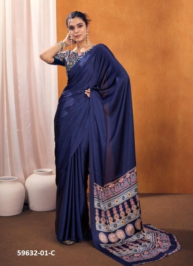 PURE AJRAKH PRINT 1 - Catalog # 59632 (Set of 5 Sarees) by Brand RAJTEX FABRICS