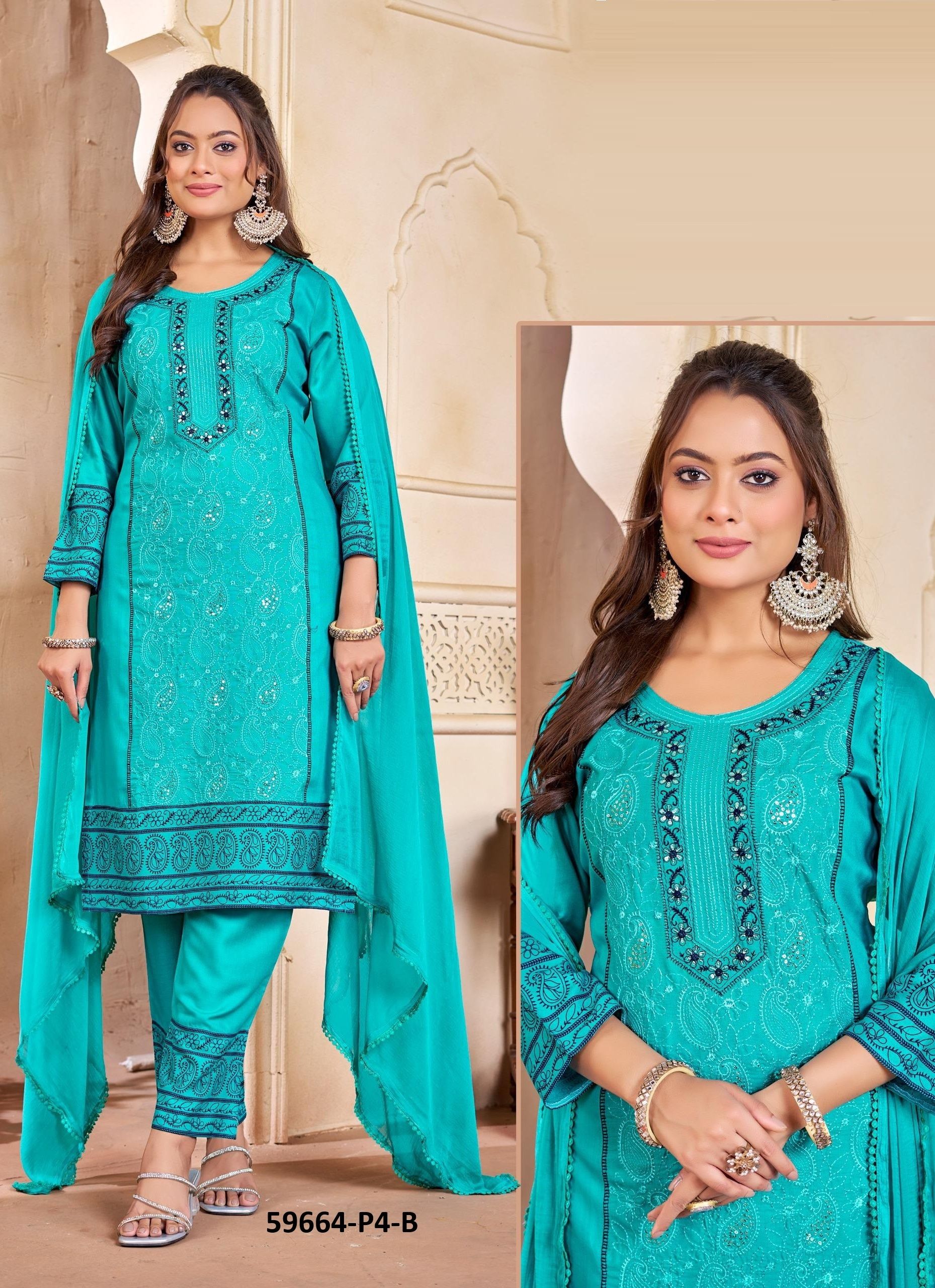 RAYON P4 - Catalog # 59664 (Set of 7 SIZE-SETS [Readymade Salwar Suits]) by Brand RED FEATHER