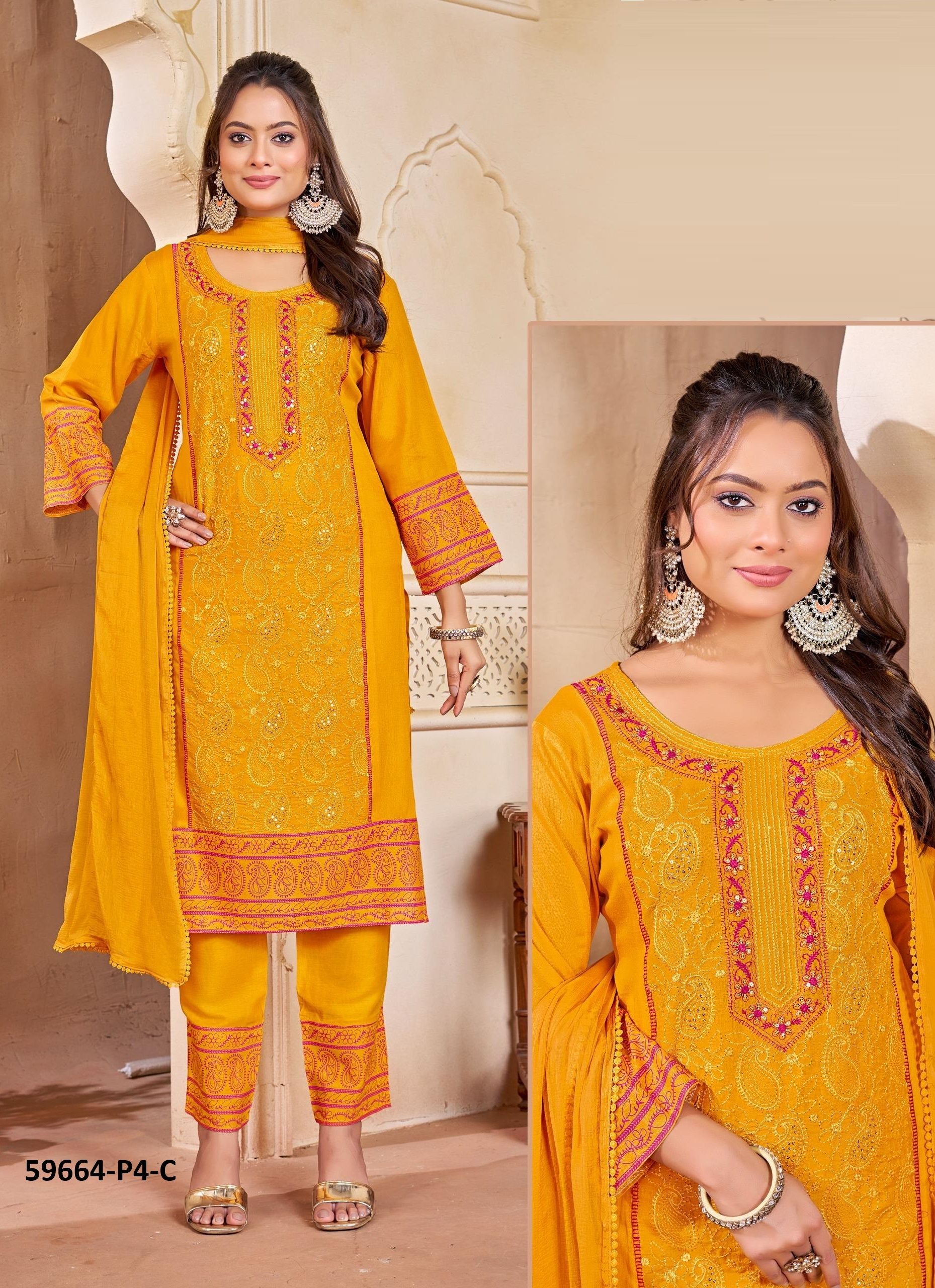 RAYON P4 - Catalog # 59664 (Set of 7 SIZE-SETS [Readymade Salwar Suits]) by Brand RED FEATHER