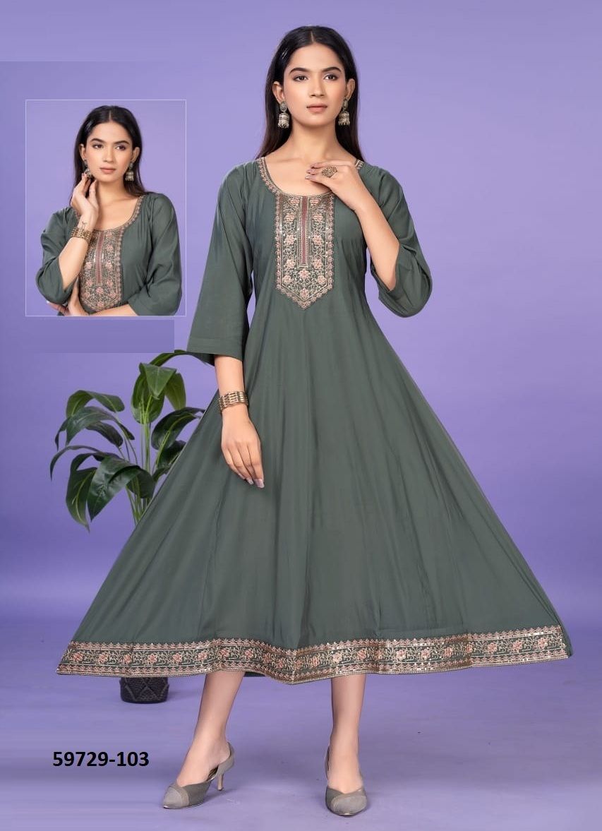 NAVIYA - Catalog # 59729 (Set of 6 Readymade Women's Kurtis / Tops) by Brand DEE CEE