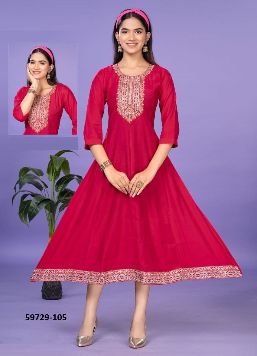 NAVIYA - Catalog # 59729 (Set of 6 Readymade Women's Kurtis / Tops) by Brand DEE CEE