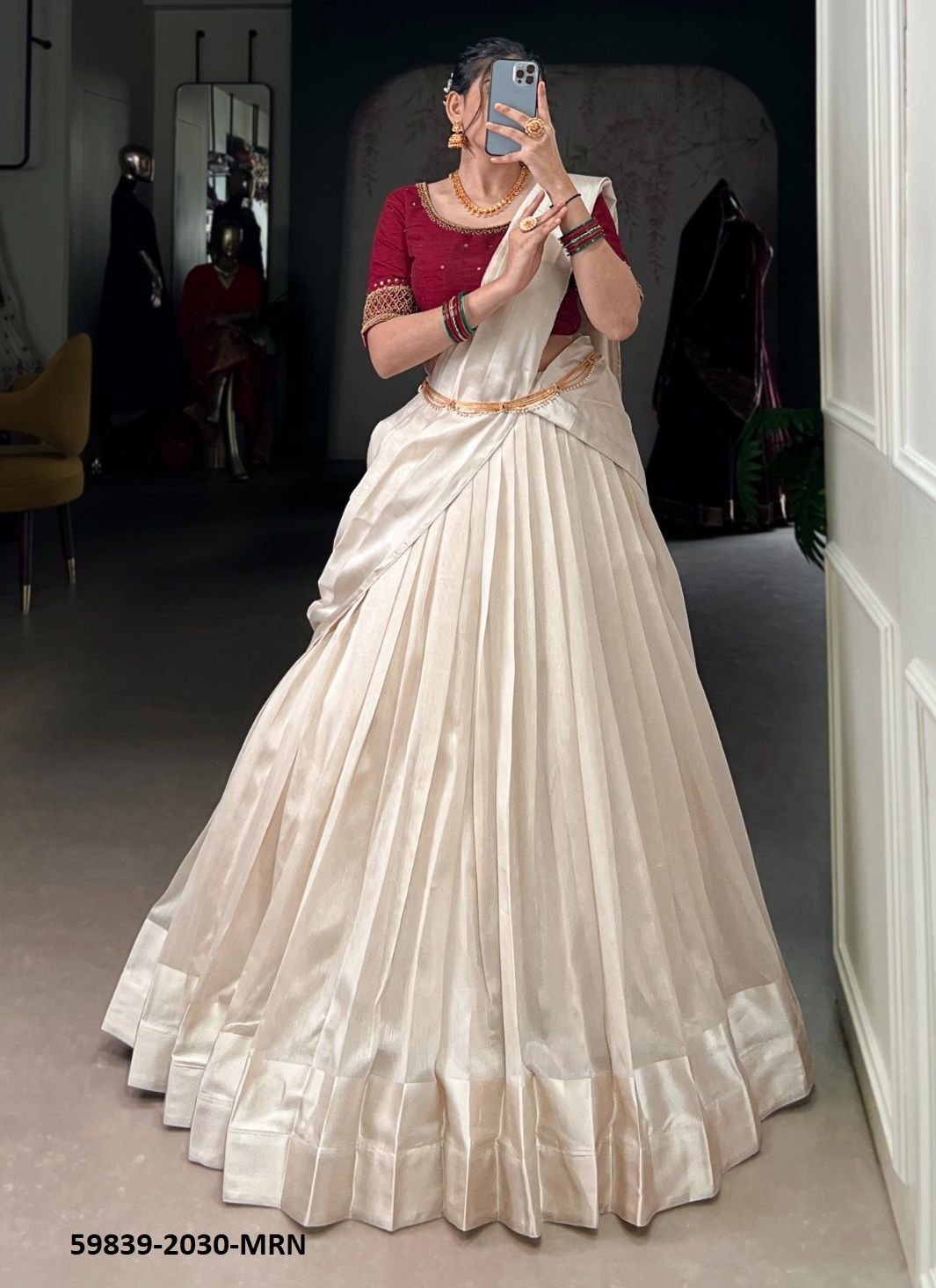 TRADITIONAL CREAM TUSSE - Catalog # 59839 (Set of 5 Semi-Stitched Lehengas) by Brand MEHERIYA