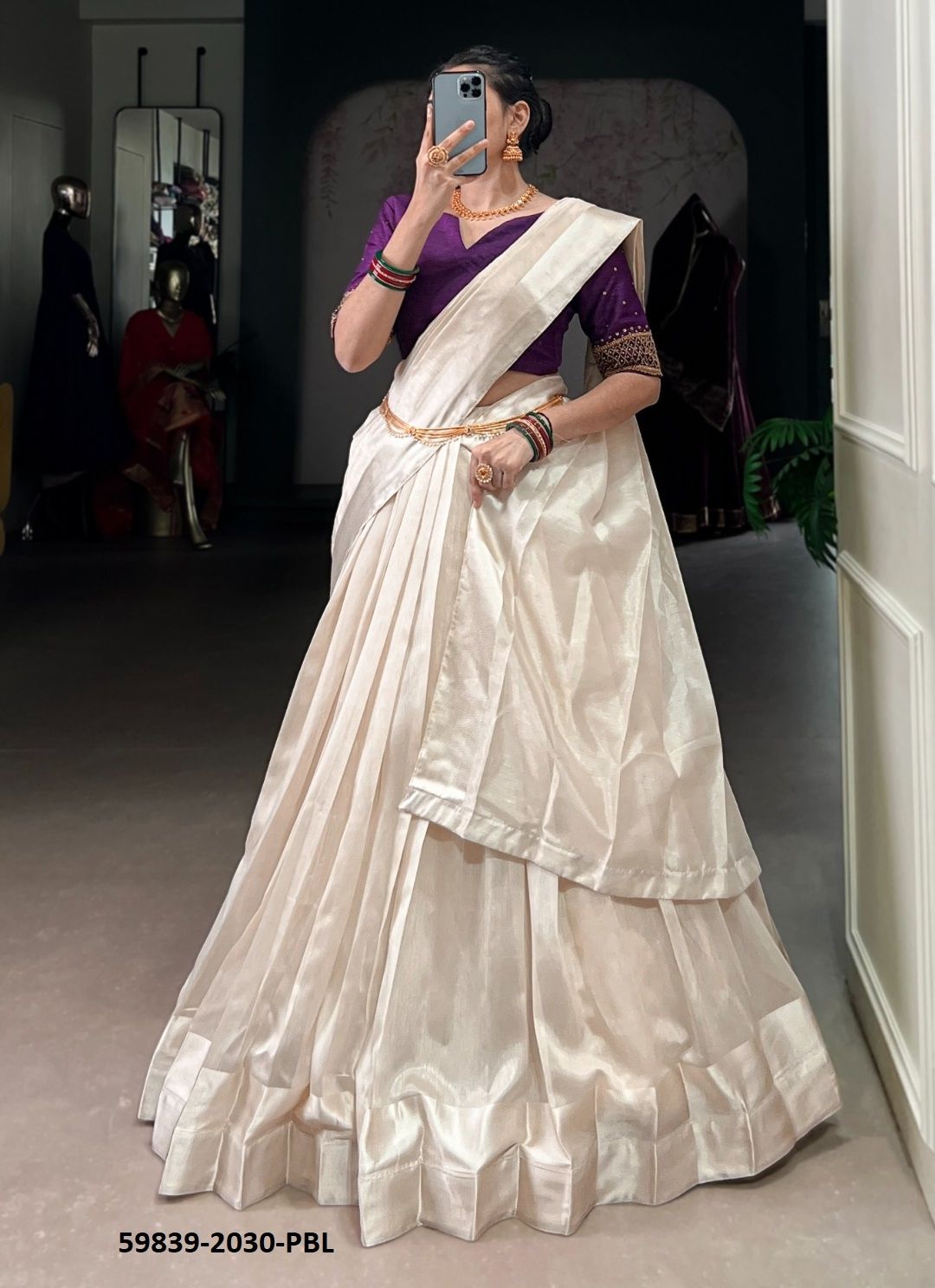 TRADITIONAL CREAM TUSSE - Catalog # 59839 (Set of 5 Semi-Stitched Lehengas) by Brand MEHERIYA