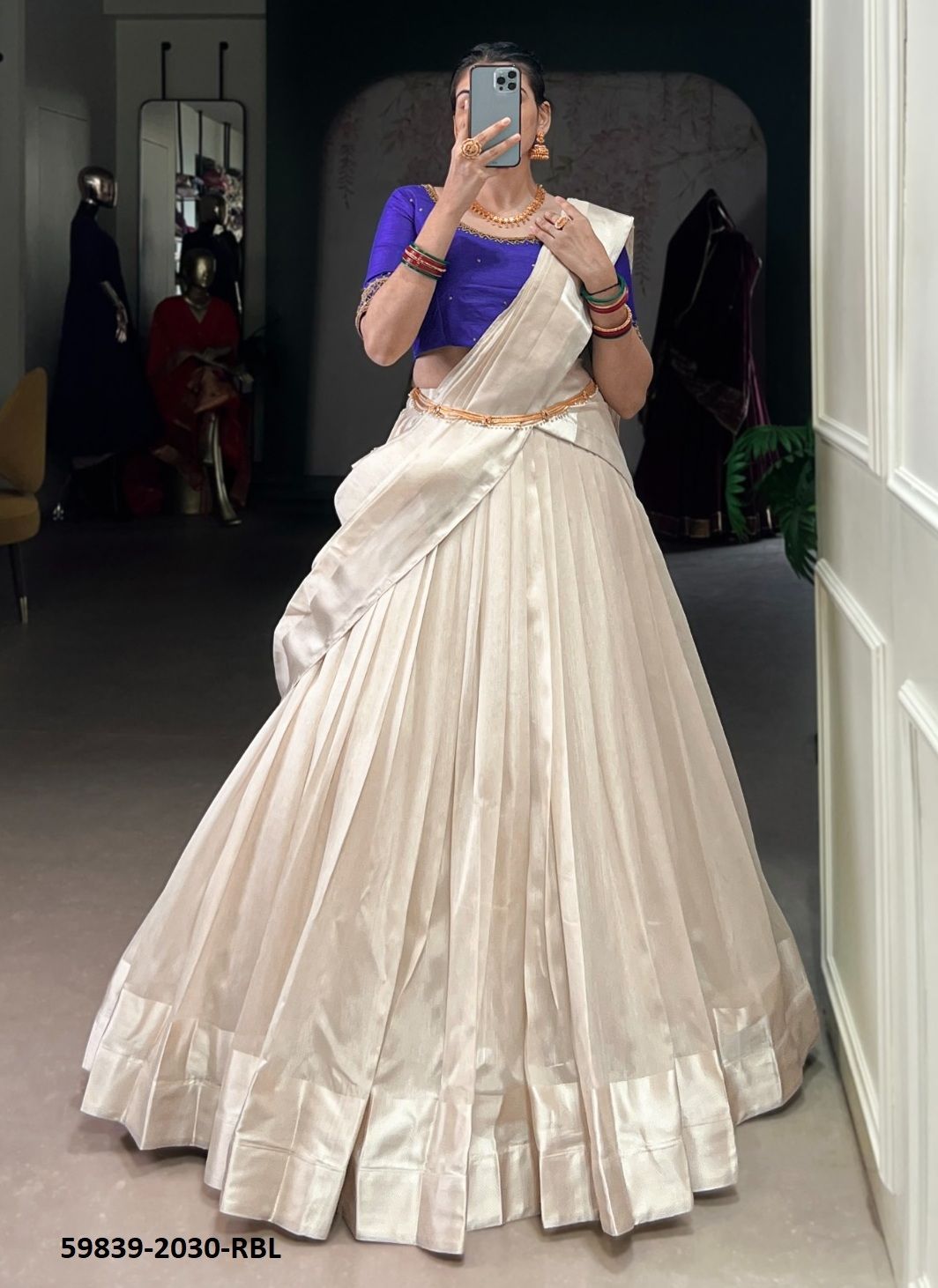 TRADITIONAL CREAM TUSSE - Catalog # 59839 (Set of 5 Semi-Stitched Lehengas) by Brand MEHERIYA