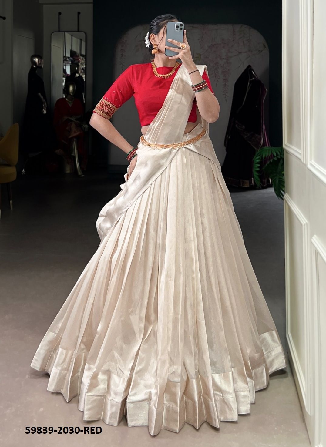 TRADITIONAL CREAM TUSSE - Catalog # 59839 (Set of 5 Semi-Stitched Lehengas) by Brand MEHERIYA