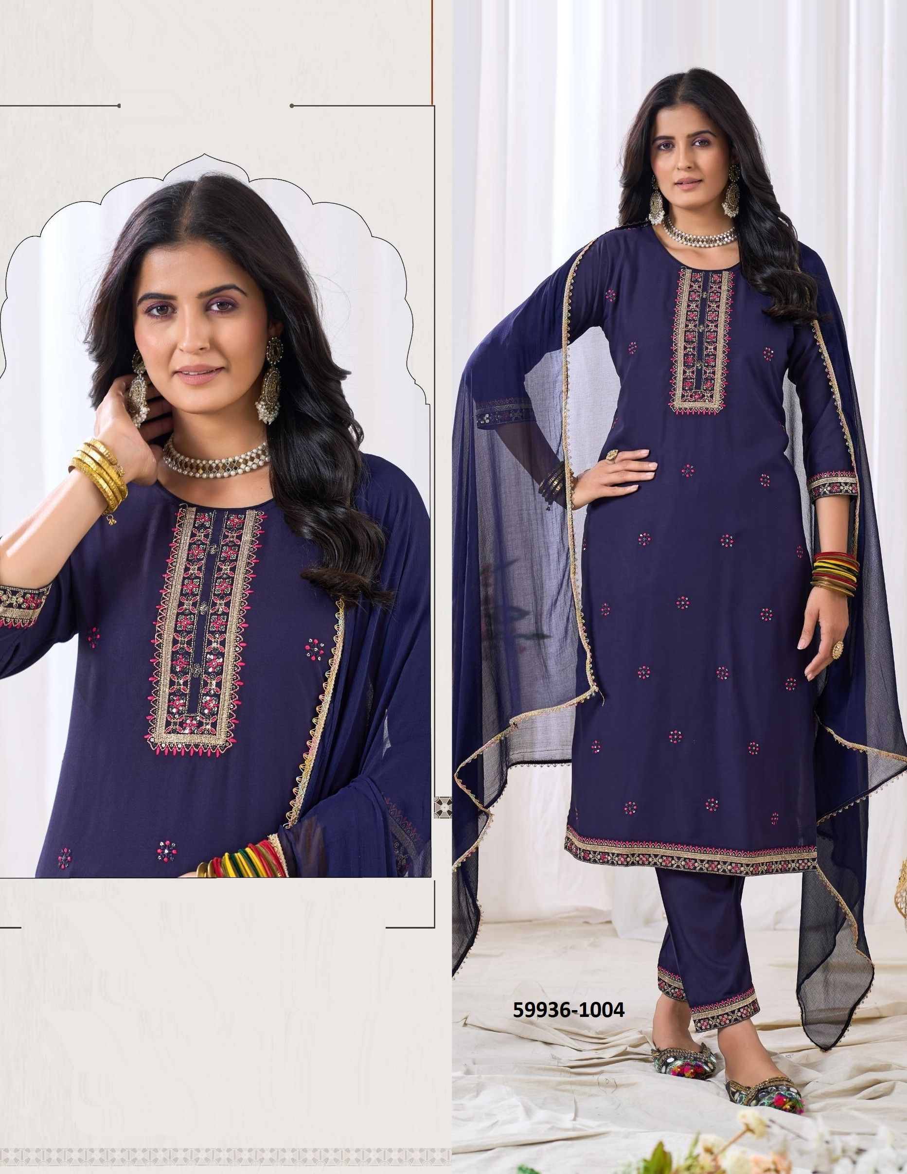 ISHA - Catalog # 59936 (Set of 6 Readymade Salwar Suits) by Brand BLUE HILLS