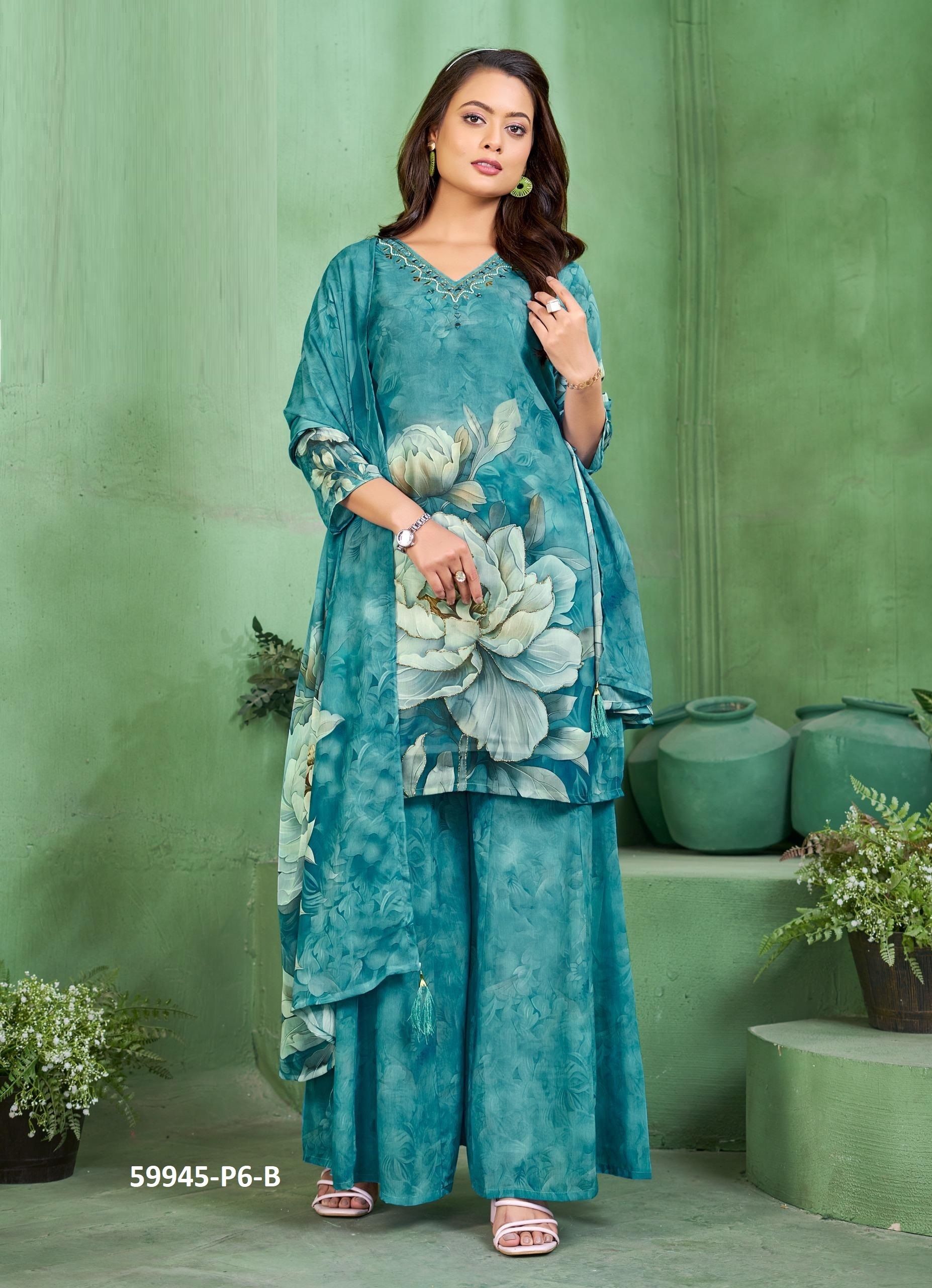 DIGITAL PRINTS PALAZZO - Catalog # 59945 (Set of 7 SIZE-SETS [Readymade Salwar Suits]) by Brand DESI MUSE