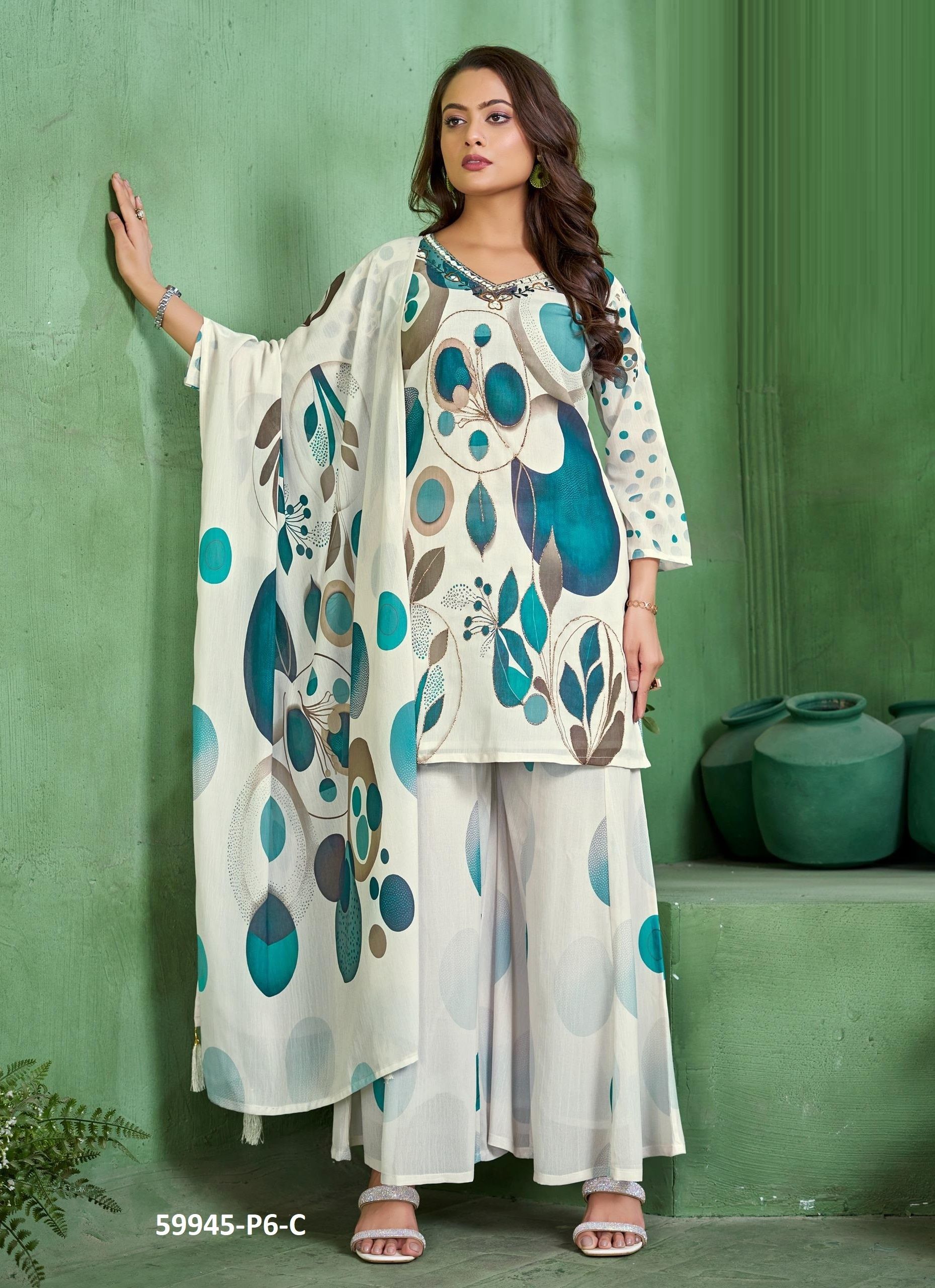 DIGITAL PRINTS PALAZZO - Catalog # 59945 (Set of 7 SIZE-SETS [Readymade Salwar Suits]) by Brand DESI MUSE