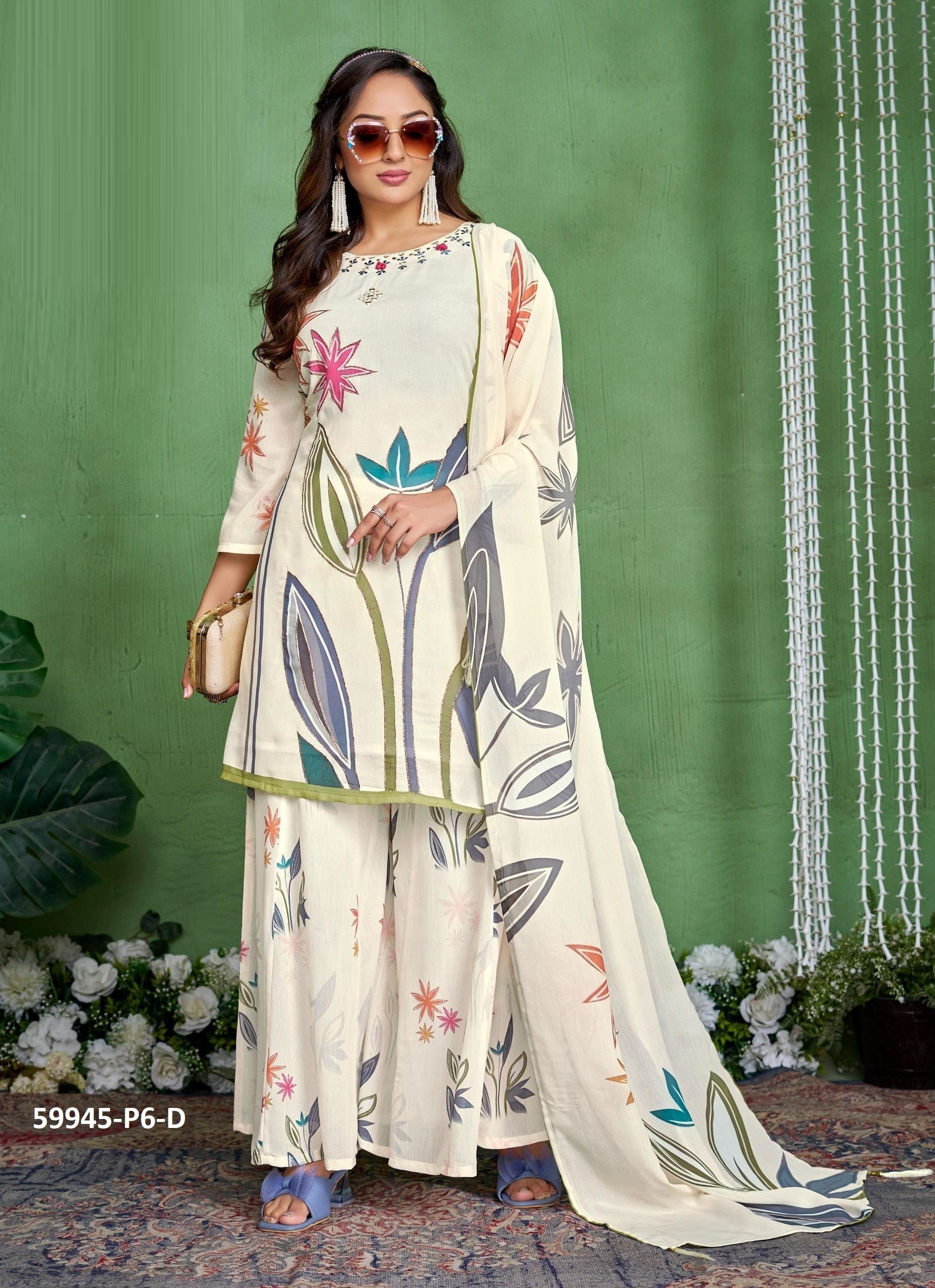 DIGITAL PRINTS PALAZZO - Catalog # 59945 (Set of 7 SIZE-SETS [Readymade Salwar Suits]) by Brand DESI MUSE