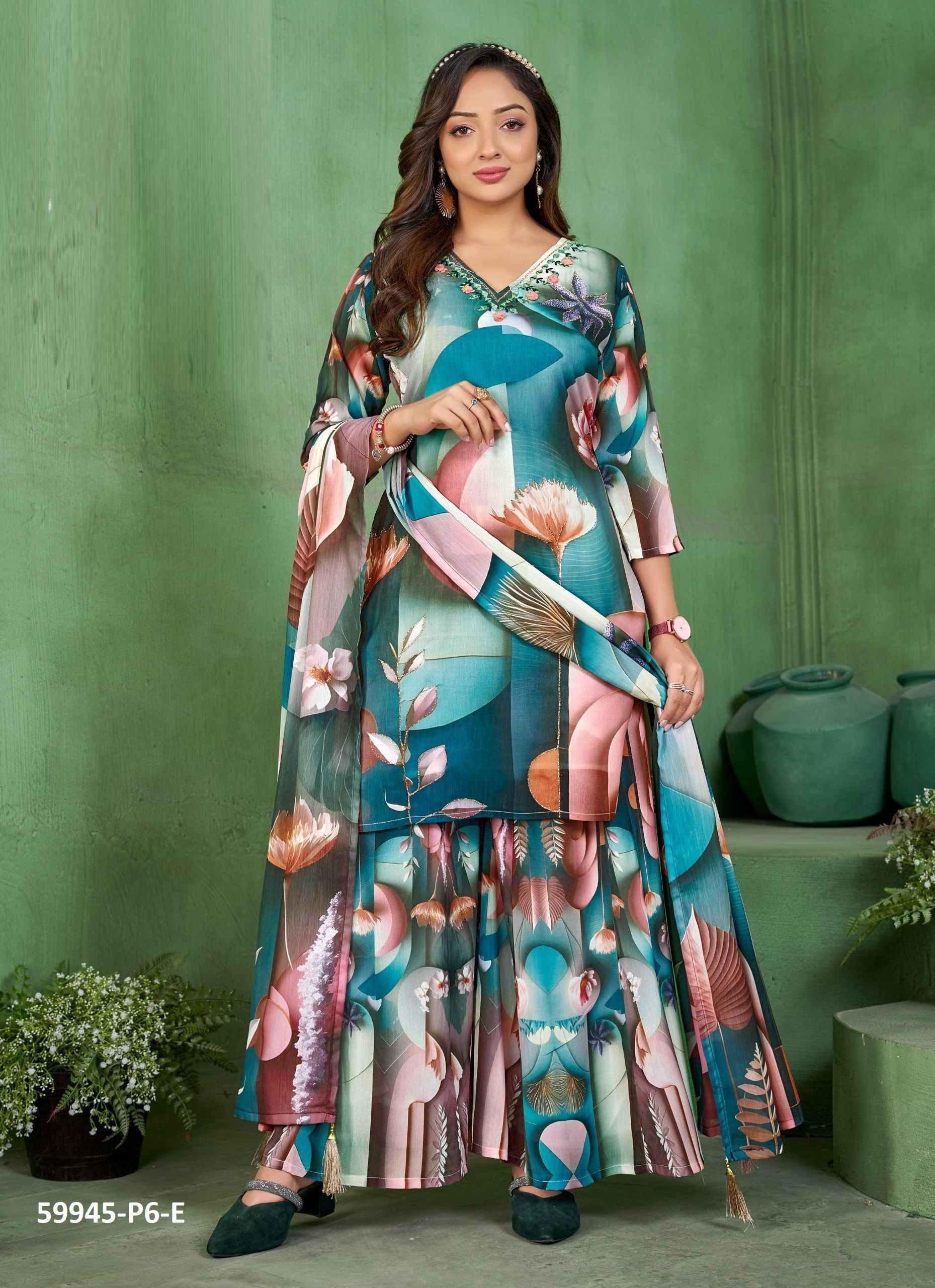 DIGITAL PRINTS PALAZZO - Catalog # 59945 (Set of 7 SIZE-SETS [Readymade Salwar Suits]) by Brand DESI MUSE