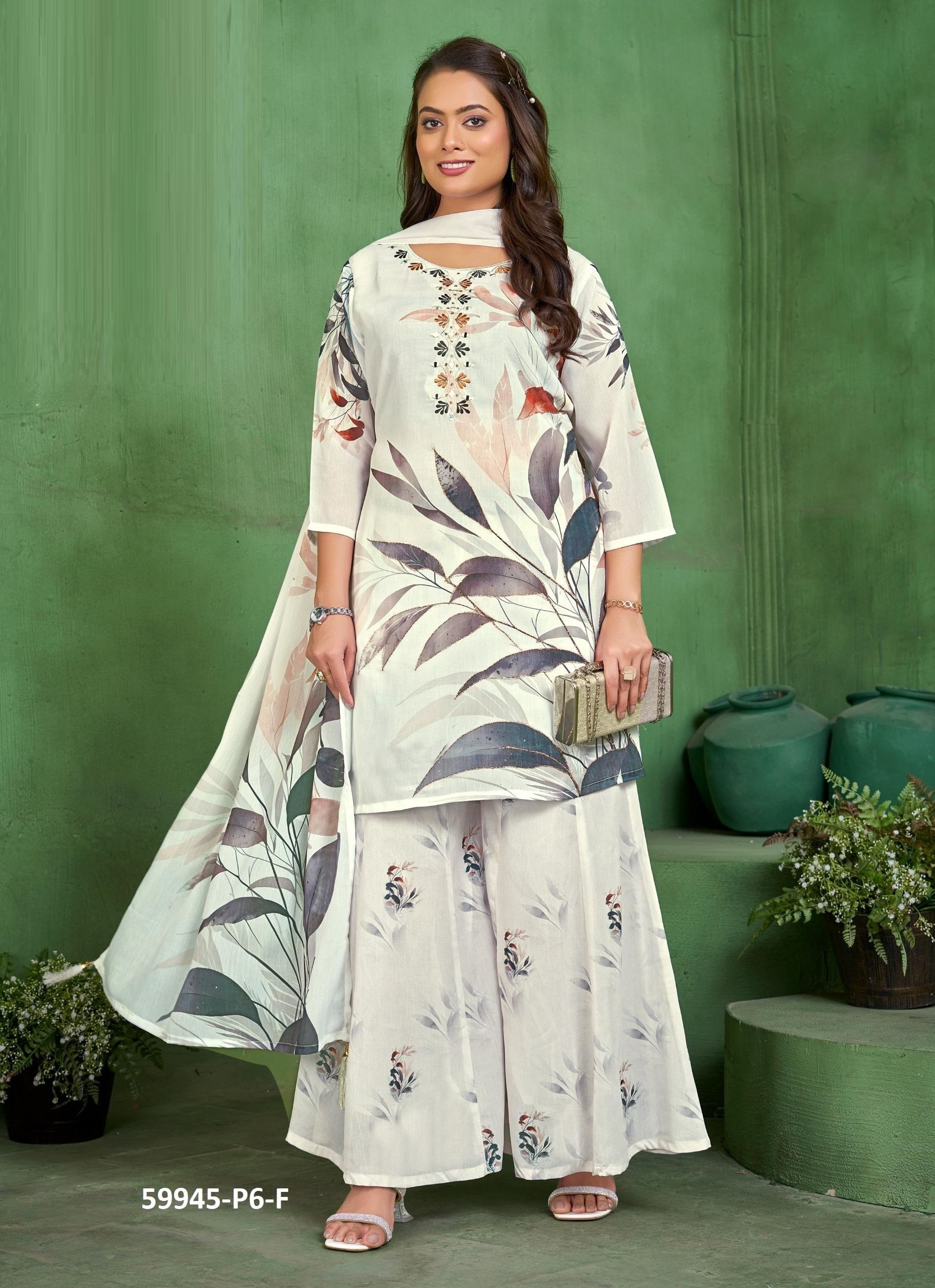 DIGITAL PRINTS PALAZZO - Catalog # 59945 (Set of 7 SIZE-SETS [Readymade Salwar Suits]) by Brand DESI MUSE