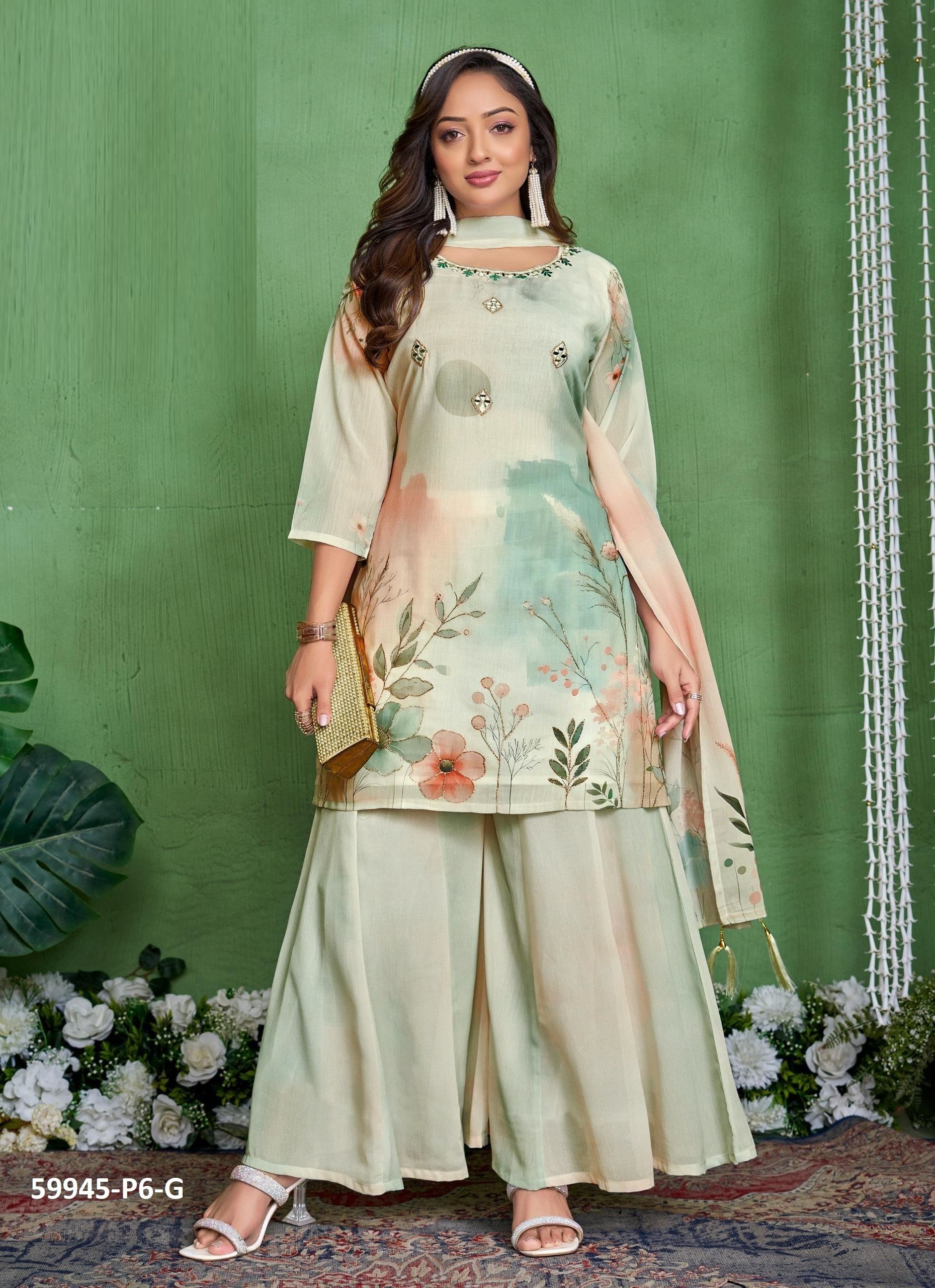 DIGITAL PRINTS PALAZZO - Catalog # 59945 (Set of 7 SIZE-SETS [Readymade Salwar Suits]) by Brand DESI MUSE