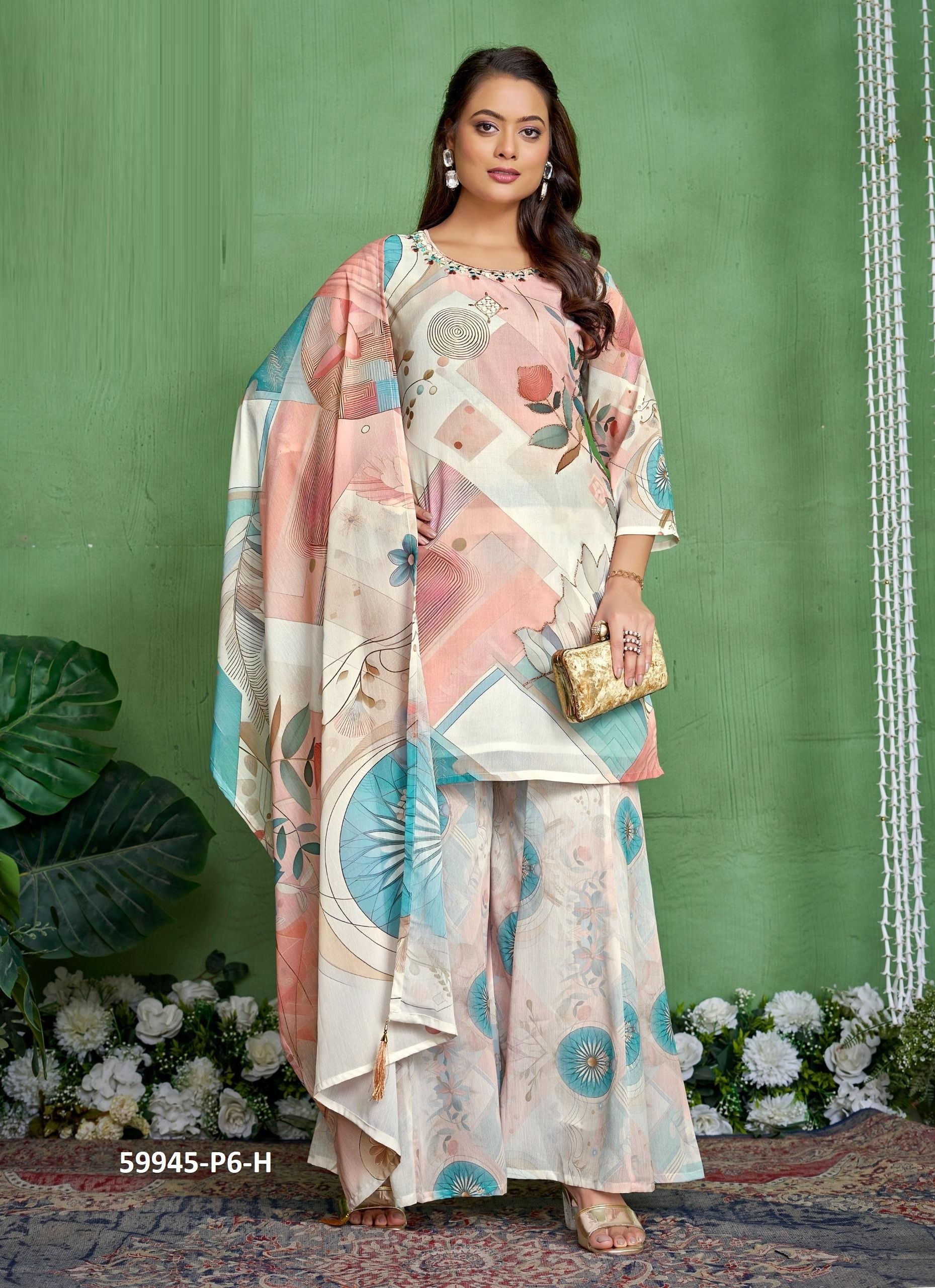 DIGITAL PRINTS PALAZZO - Catalog # 59945 (Set of 7 SIZE-SETS [Readymade Salwar Suits]) by Brand DESI MUSE