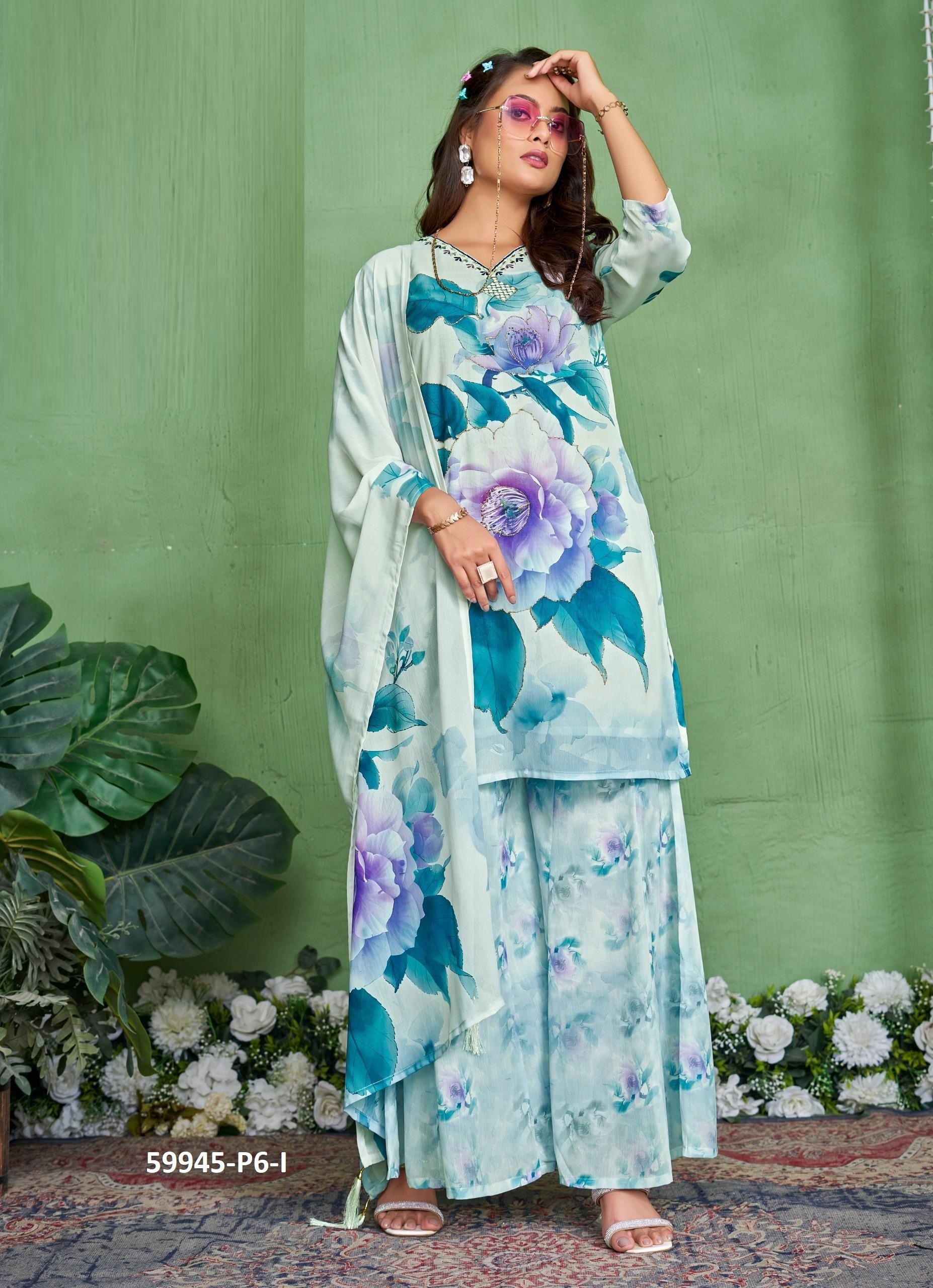 DIGITAL PRINTS PALAZZO - Catalog # 59945 (Set of 7 SIZE-SETS [Readymade Salwar Suits]) by Brand DESI MUSE