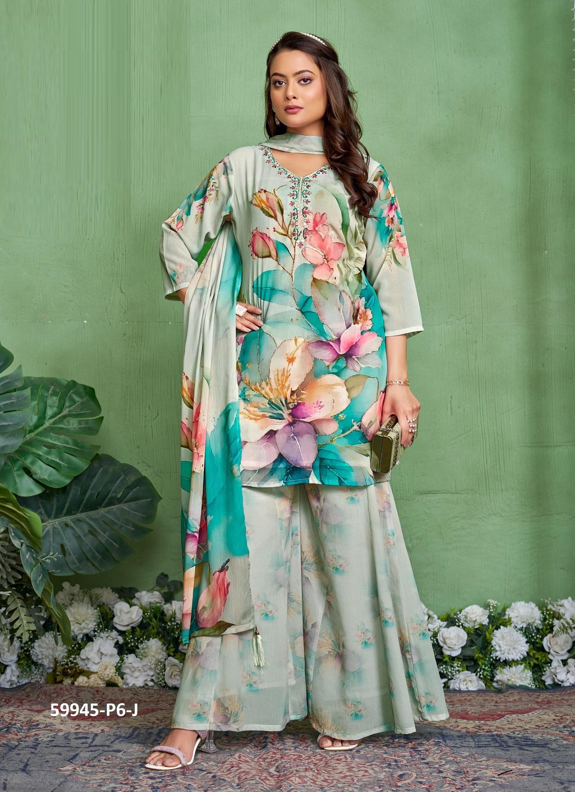 DIGITAL PRINTS PALAZZO - Catalog # 59945 (Set of 7 SIZE-SETS [Readymade Salwar Suits]) by Brand DESI MUSE