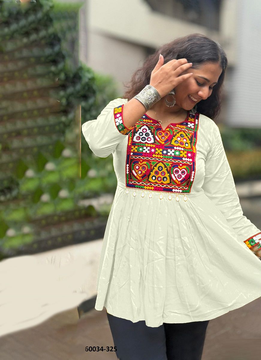 A-LINE NAVRATRI WEAR SHORT TOPS - Catalog # 60034 (Set of 5 Readymade Women's Kurtis / Tops) by Brand DESI MUSE A-LINE NAVRATRI WEAR SHORT TOPS - Catalog # 60034 (Set of 5 Readymade Women's Kurtis / Tops) by Brand DESI MUSE