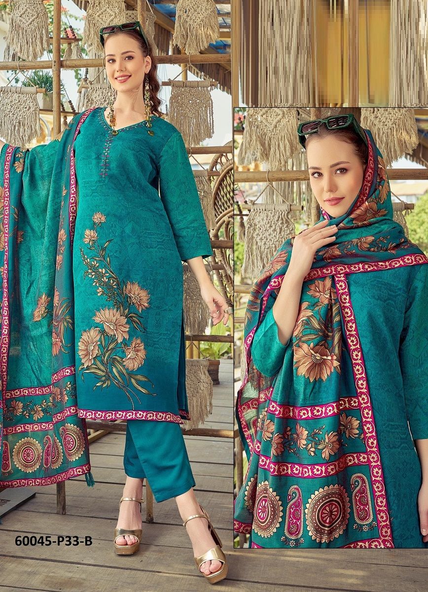 ROMAN SILK DIGITAL PRINTS - Catalog # 60045 (Set of 4 SIZE-SETS [Readymade Salwar Suits]) by Brand POONAM DESIGNER