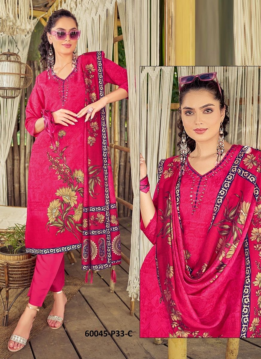 ROMAN SILK DIGITAL PRINTS - Catalog # 60045 (Set of 4 SIZE-SETS [Readymade Salwar Suits]) by Brand POONAM DESIGNER