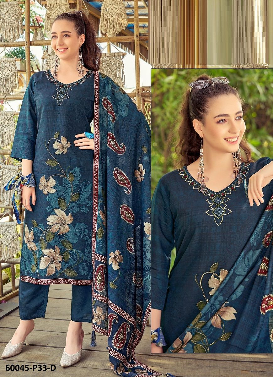 ROMAN SILK DIGITAL PRINTS - Catalog # 60045 (Set of 4 SIZE-SETS [Readymade Salwar Suits]) by Brand POONAM DESIGNER