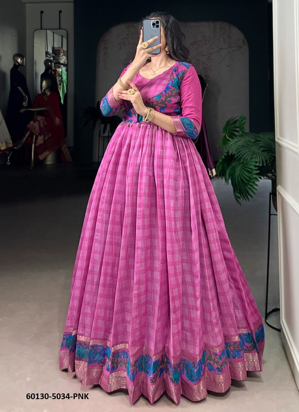 CHANDERI CHECKS - Catalog # 60130 (Set of 4 Readymade Gowns) by Brand SERENGETI CHANDERI CHECKS - Catalog # 60130 (Set of 4 Readymade Gowns) by Brand SERENGETI