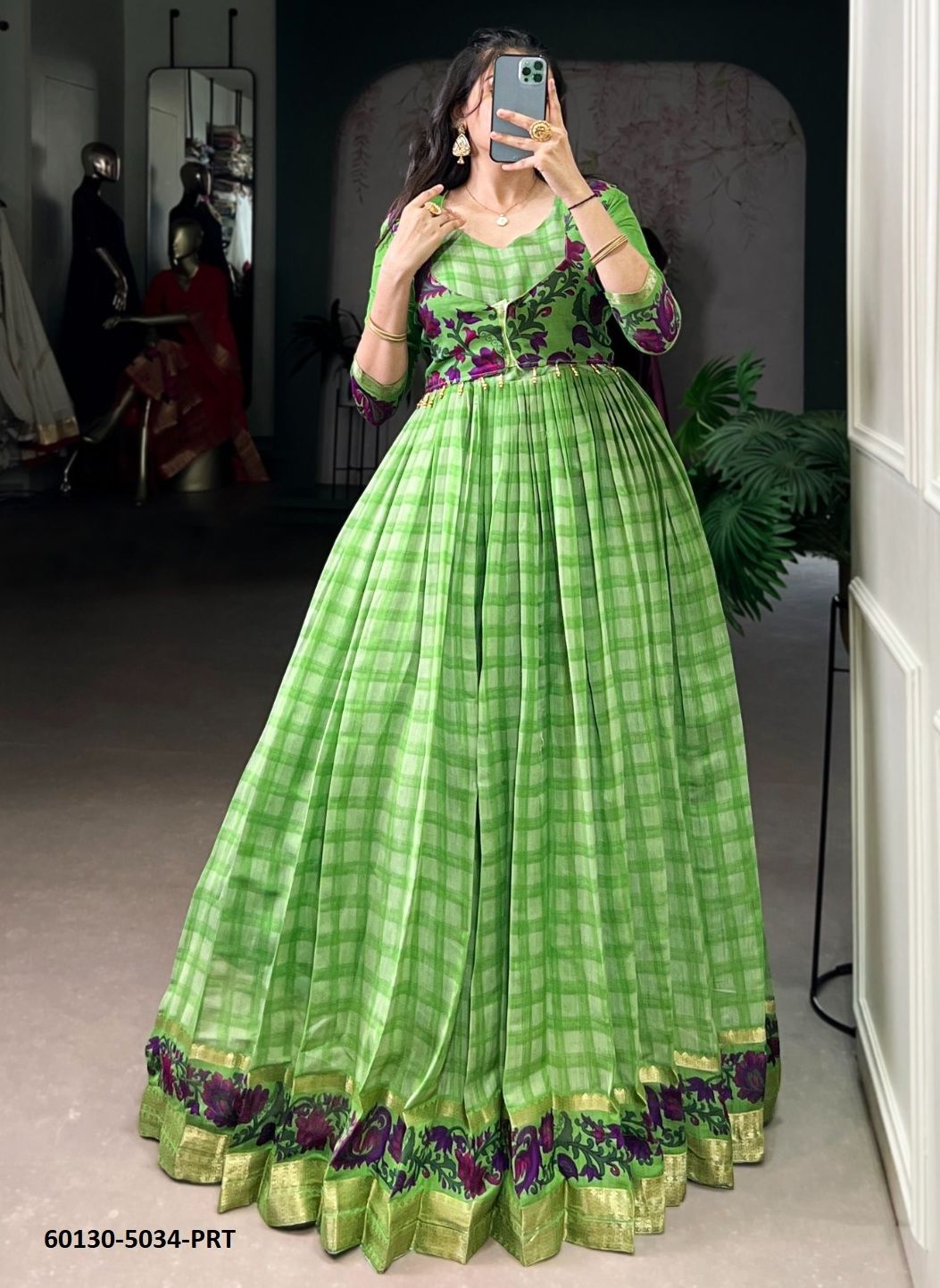 CHANDERI CHECKS - Catalog # 60130 (Set of 4 Readymade Gowns) by Brand SERENGETI CHANDERI CHECKS - Catalog # 60130 (Set of 4 Readymade Gowns) by Brand SERENGETI