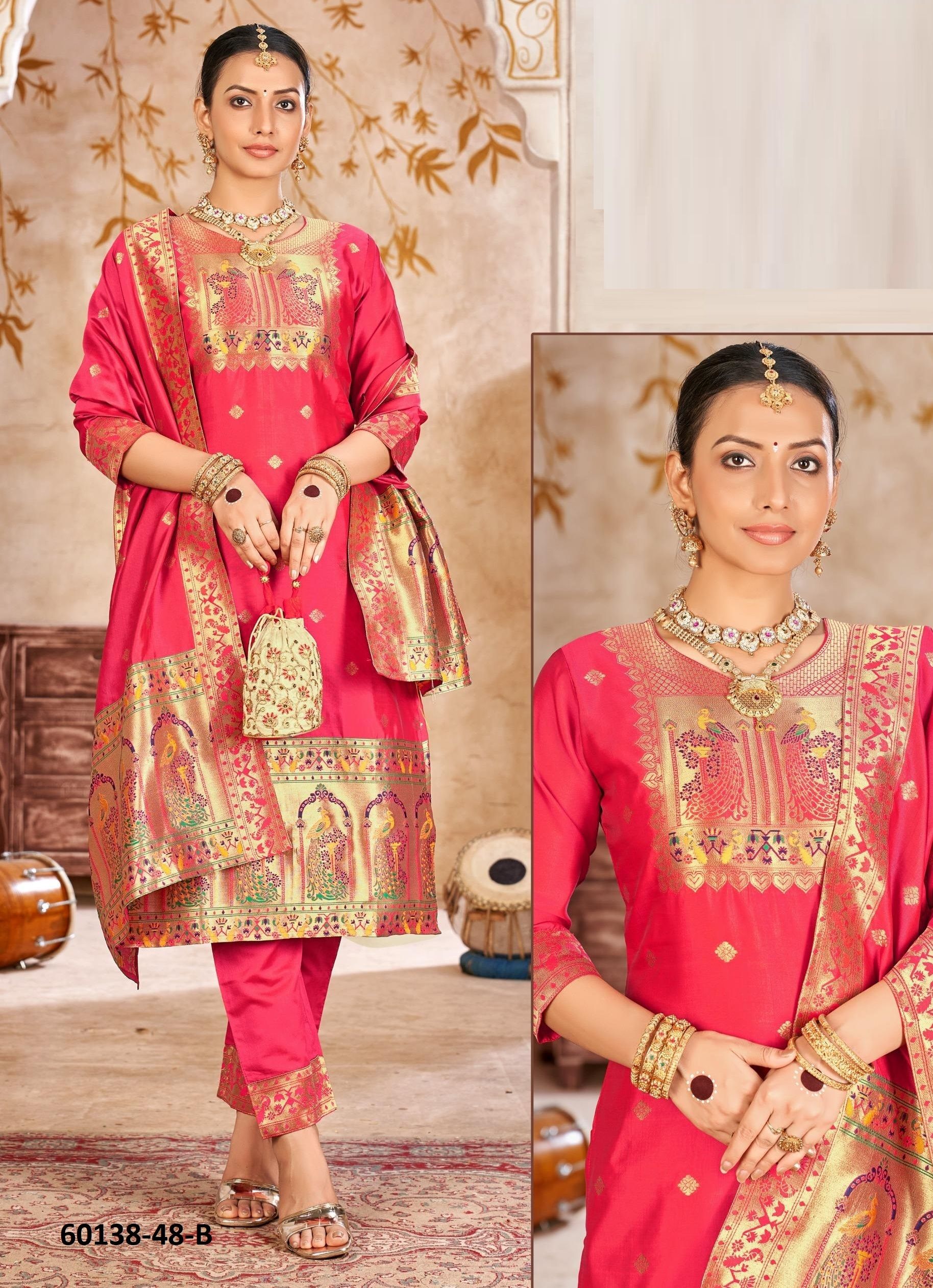LICHI SILK JACQUARD - Catalog # 60138 (Set of 4 SIZE-SETS [Readymade Salwar Suits]) by Brand POONAM DESIGNER