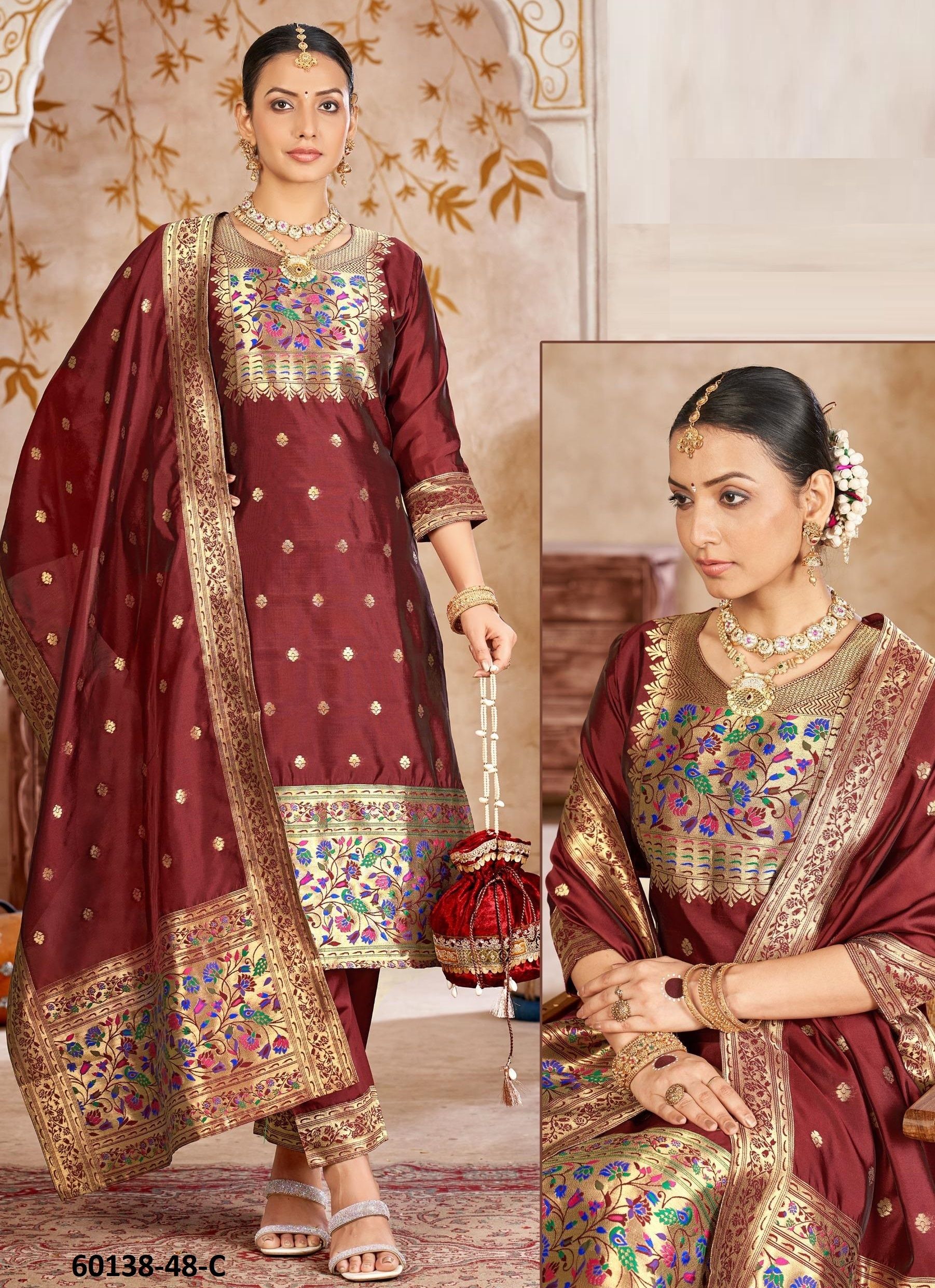 LICHI SILK JACQUARD - Catalog # 60138 (Set of 4 SIZE-SETS [Readymade Salwar Suits]) by Brand POONAM DESIGNER