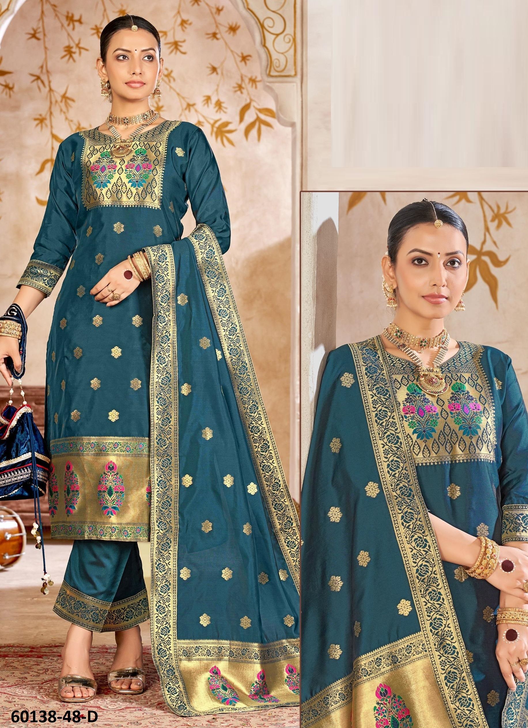 LICHI SILK JACQUARD - Catalog # 60138 (Set of 4 SIZE-SETS [Readymade Salwar Suits]) by Brand POONAM DESIGNER