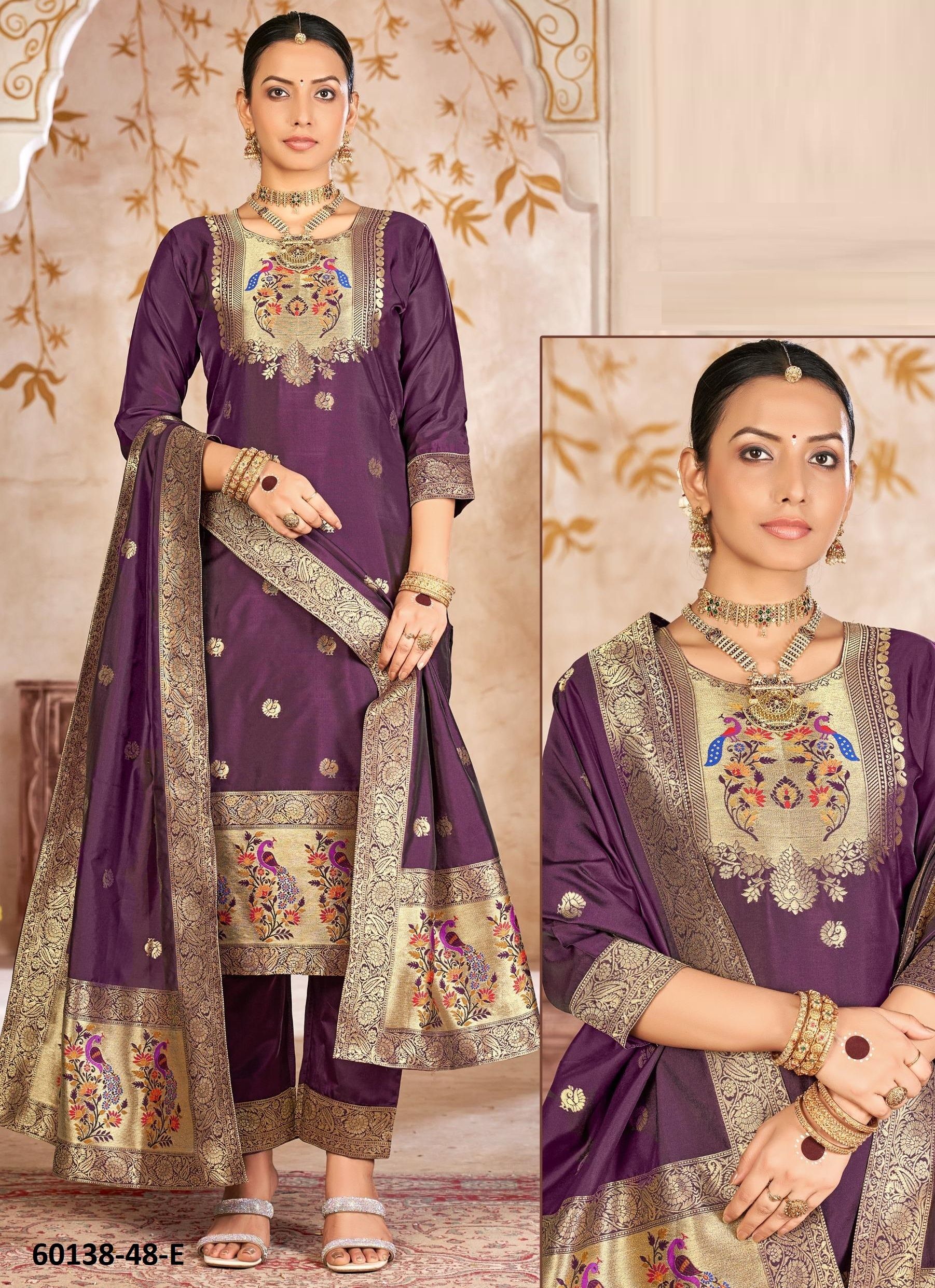 LICHI SILK JACQUARD - Catalog # 60138 (Set of 4 SIZE-SETS [Readymade Salwar Suits]) by Brand POONAM DESIGNER