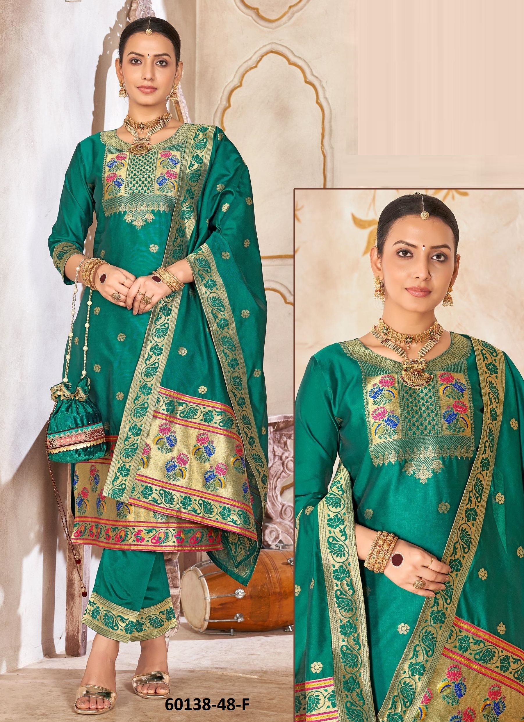 LICHI SILK JACQUARD - Catalog # 60138 (Set of 4 SIZE-SETS [Readymade Salwar Suits]) by Brand POONAM DESIGNER