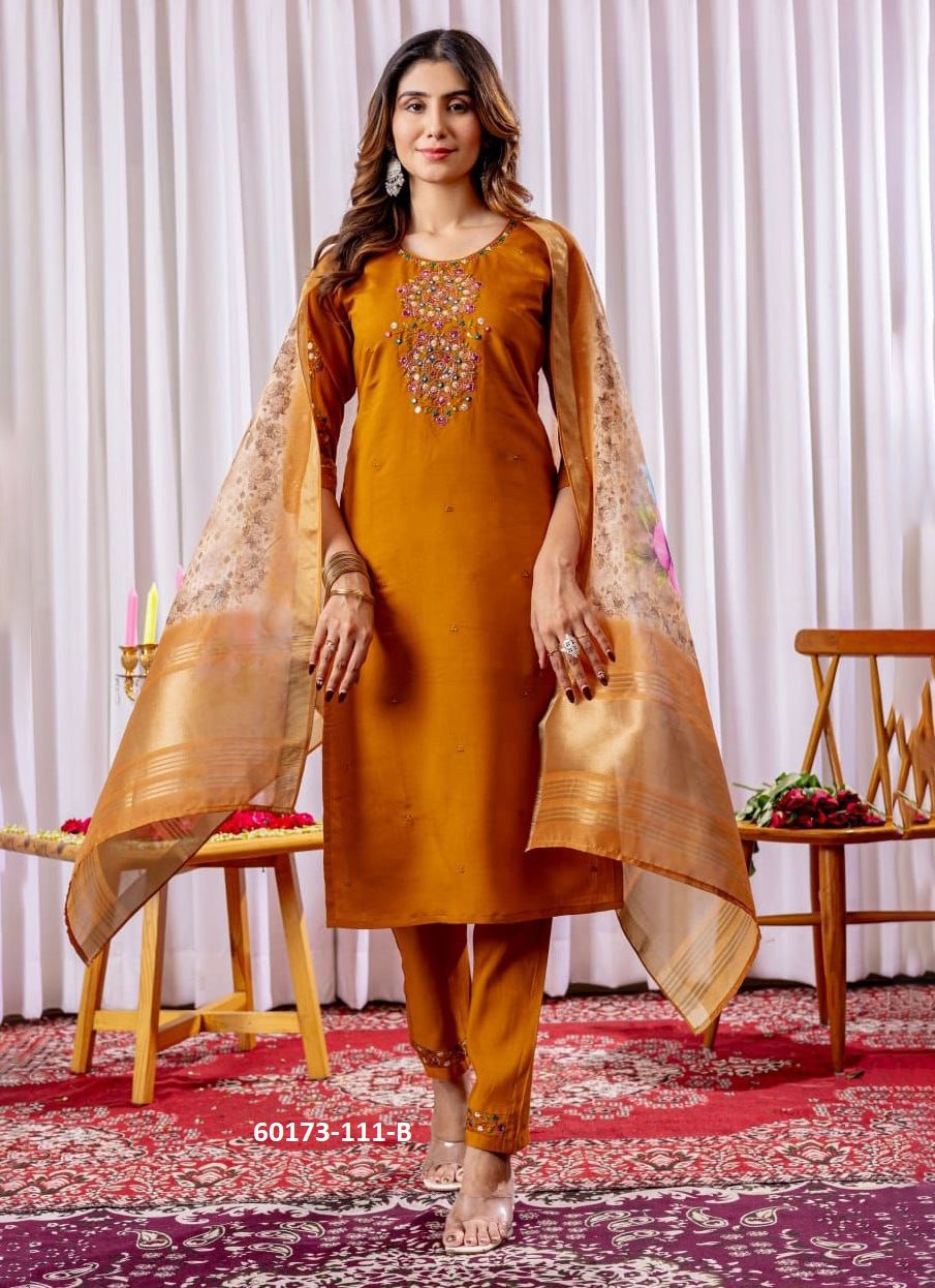 CHANDERI SERIES 111 - Catalog # 60173 (Set of 5 Readymade Salwar Suits) by Brand AABHARAN