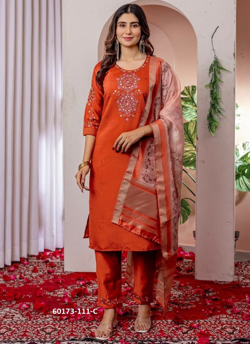 CHANDERI SERIES 111 - Catalog # 60173 (Set of 5 Readymade Salwar Suits) by Brand AABHARAN