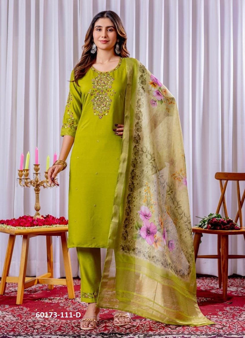 CHANDERI SERIES 111 - Catalog # 60173 (Set of 5 Readymade Salwar Suits) by Brand AABHARAN