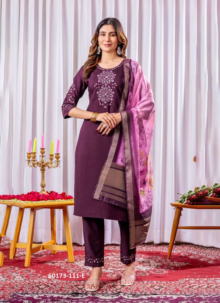 CHANDERI SERIES 111 - Catalog # 60173 (Set of 5 Readymade Salwar Suits) by Brand AABHARAN