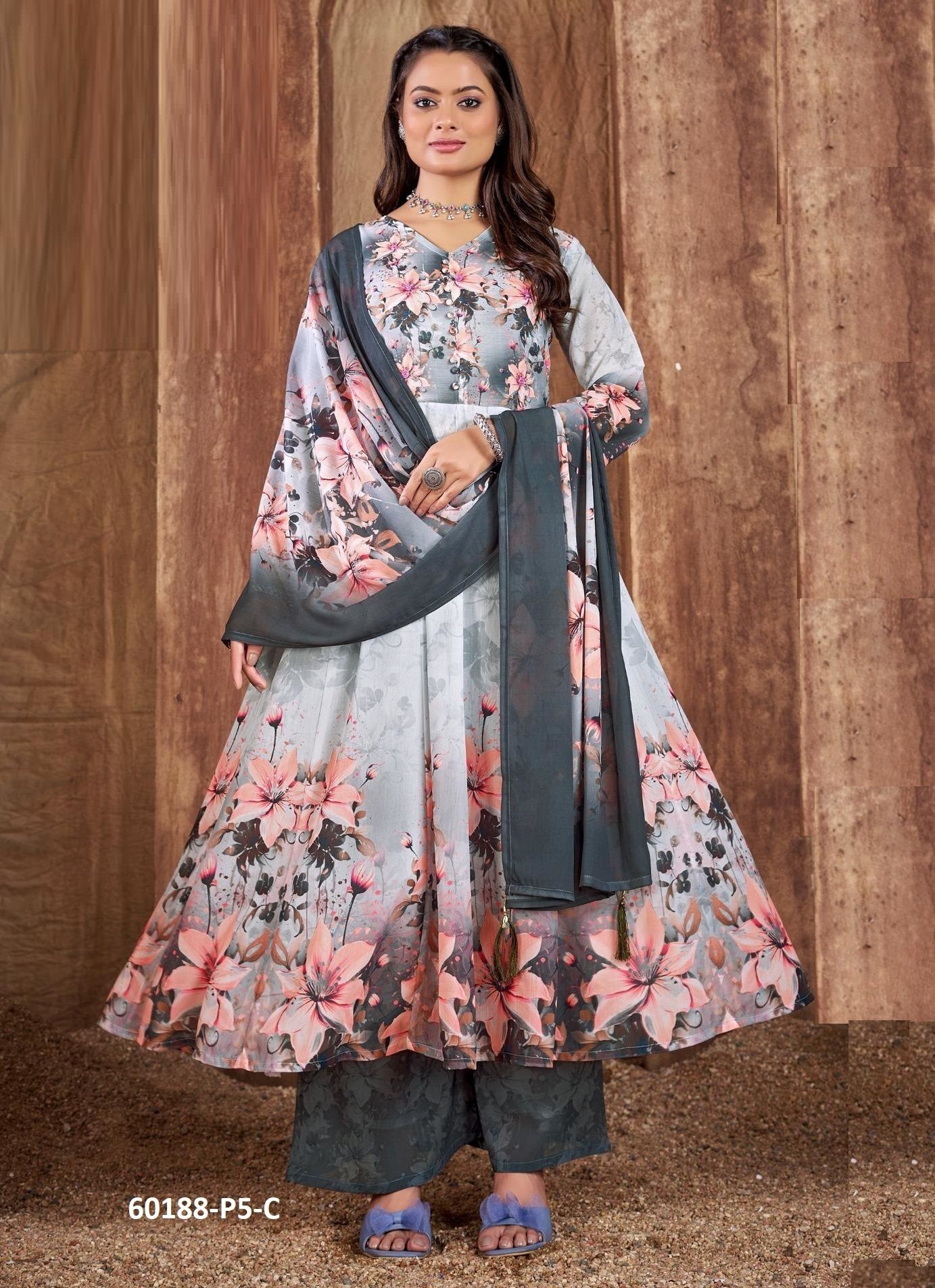 ANARKALI SERIES P5 - Catalog # 60188 (Set of 7 SIZE-SETS [Readymade Salwar Suits]) by Brand POONAM DESIGNER