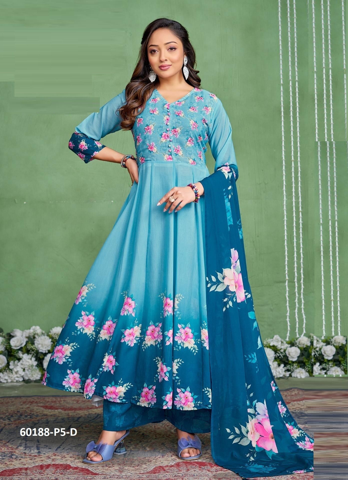 ANARKALI SERIES P5 - Catalog # 60188 (Set of 7 SIZE-SETS [Readymade Salwar Suits]) by Brand POONAM DESIGNER
