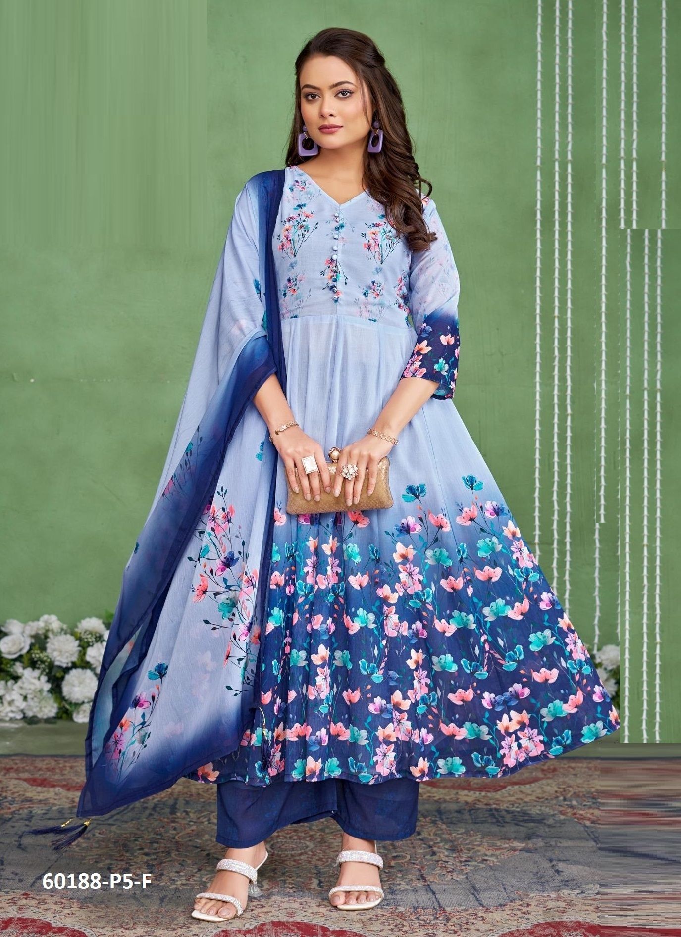 ANARKALI SERIES P5 - Catalog # 60188 (Set of 7 SIZE-SETS [Readymade Salwar Suits]) by Brand POONAM DESIGNER