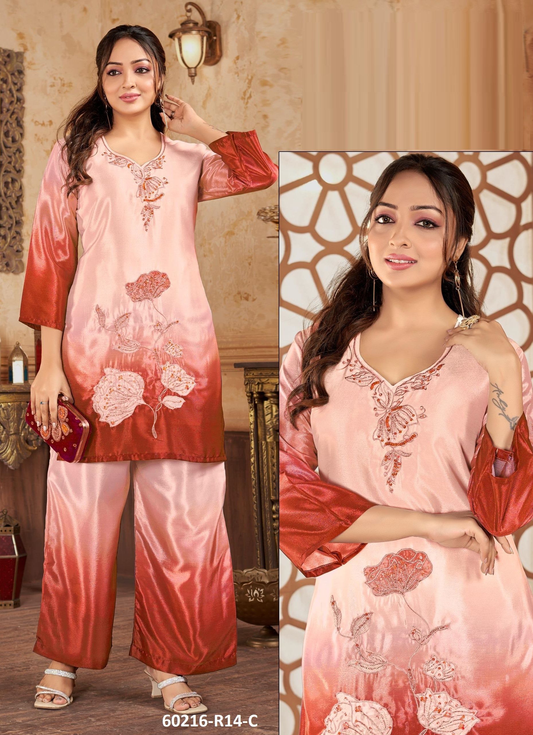 FLORAL SERIES R14 CO-ORD SETS - Catalog # 60216 (Set of 4 SIZE-SETS [Tops With Bottoms]) by Brand AABHARAN