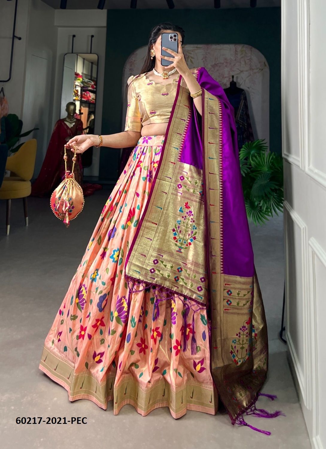 PAITHANI LEHENGA WITH BATUVA - Catalog # 60217 (Set of 4 Semi-Stitched Lehengas) by Brand JAGRAASA PAITHANI LEHENGA WITH BATUVA - Catalog # 60217 (Set of 4 Semi-Stitched Lehengas) by Brand JAGRAASA