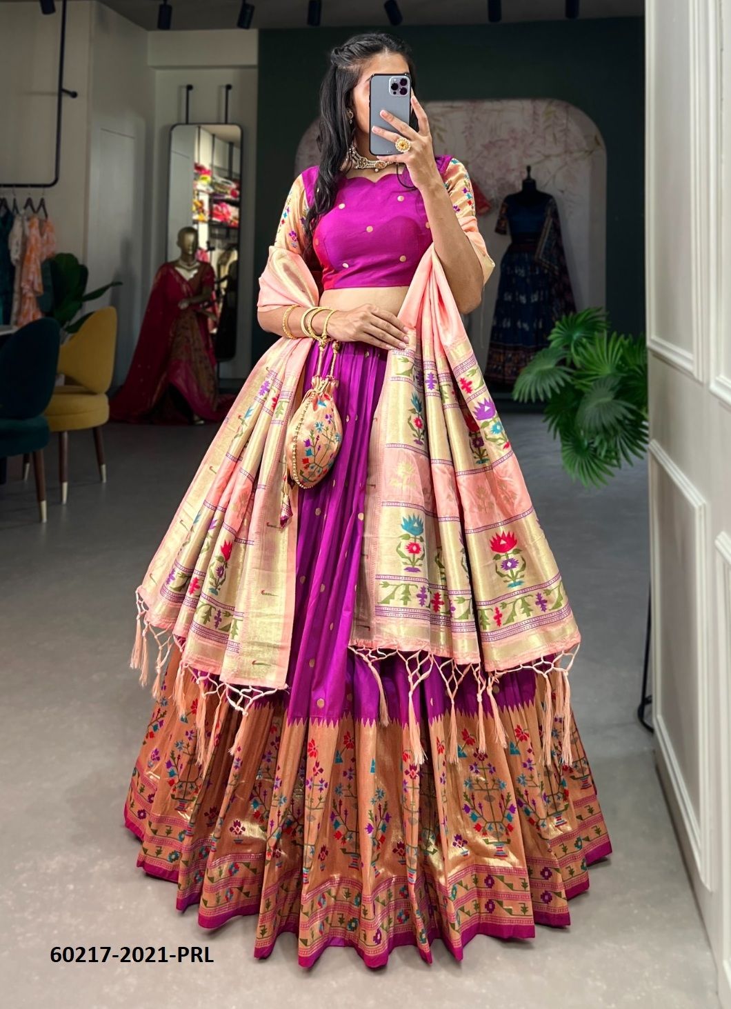 PAITHANI LEHENGA WITH BATUVA - Catalog # 60217 (Set of 4 Semi-Stitched Lehengas) by Brand JAGRAASA PAITHANI LEHENGA WITH BATUVA - Catalog # 60217 (Set of 4 Semi-Stitched Lehengas) by Brand JAGRAASA