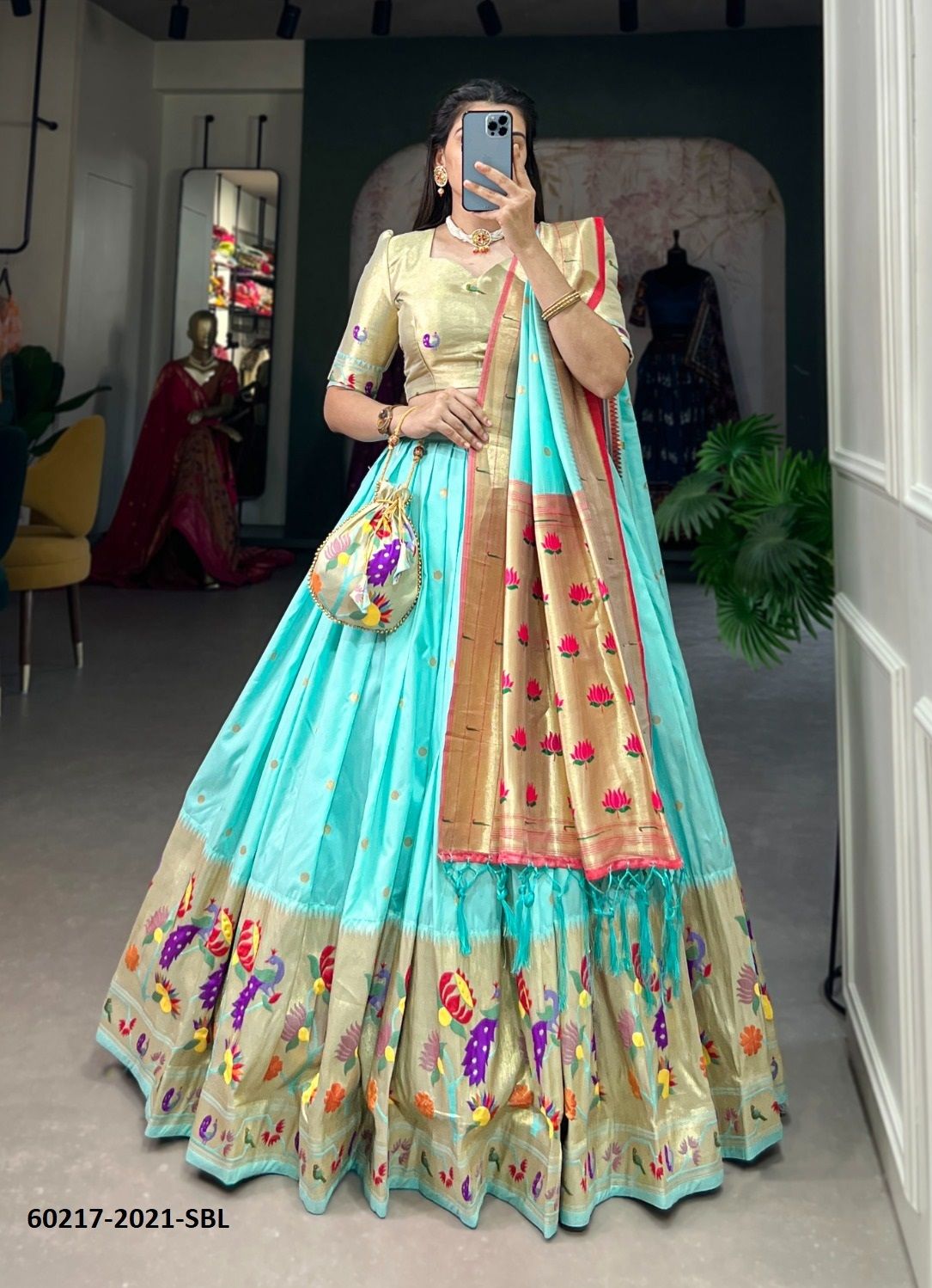 PAITHANI LEHENGA WITH BATUVA - Catalog # 60217 (Set of 4 Semi-Stitched Lehengas) by Brand JAGRAASA PAITHANI LEHENGA WITH BATUVA - Catalog # 60217 (Set of 4 Semi-Stitched Lehengas) by Brand JAGRAASA