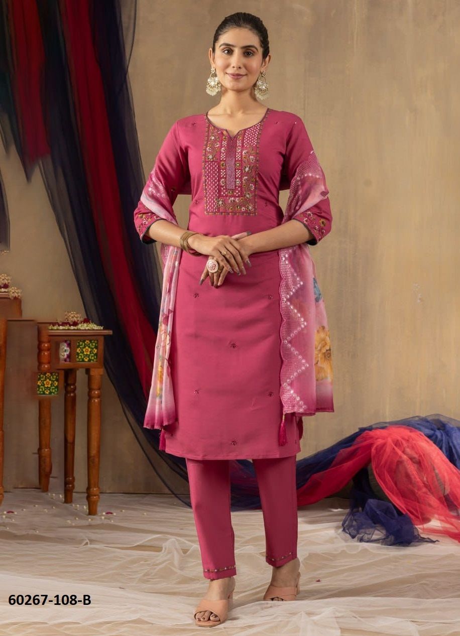 SILK & CHANDERI PRINT - Catalog # 60267 (Set of 4 Readymade Salwar Suits) MADE IN INDIA BY MEHERIYA