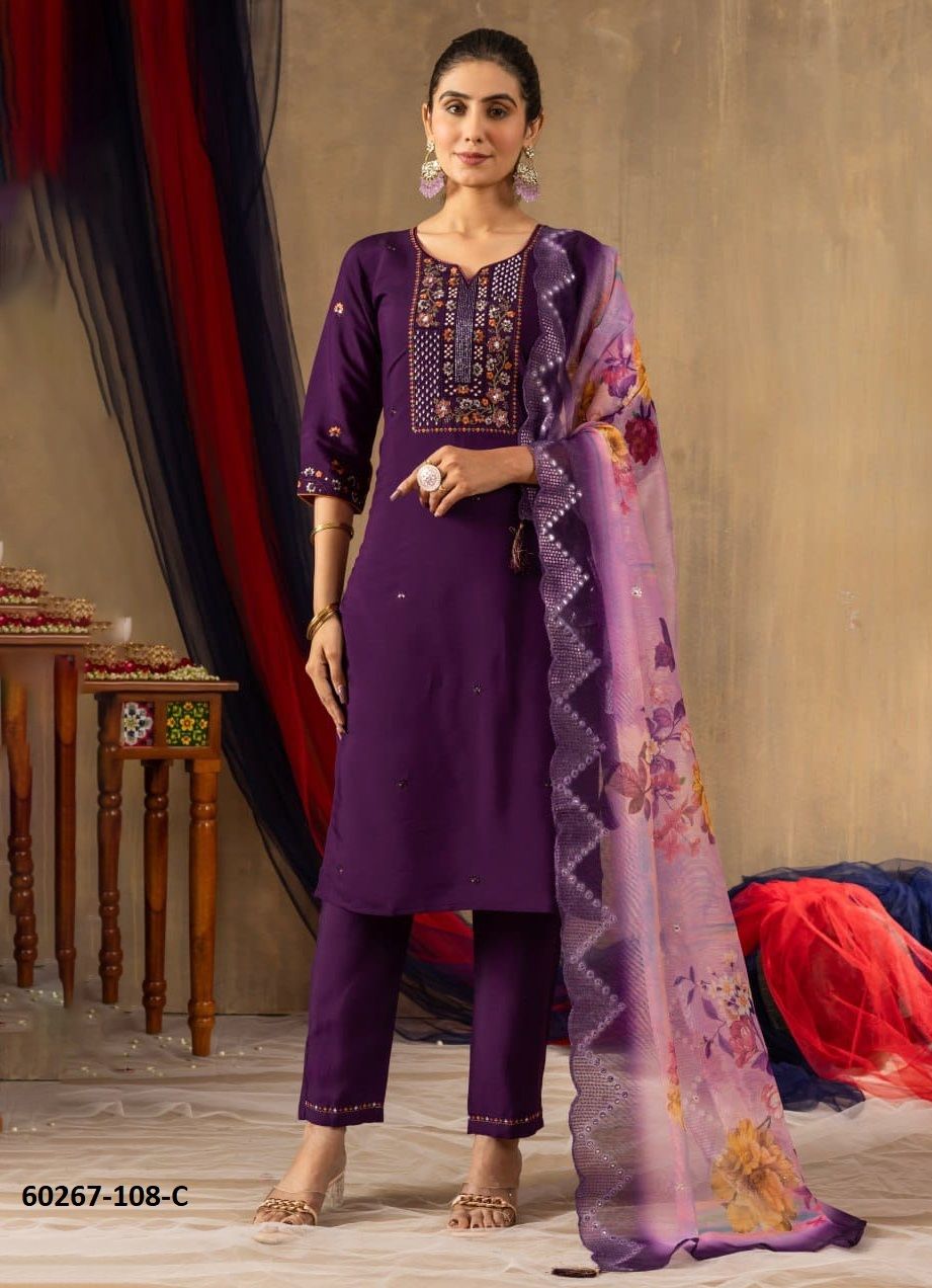 SILK & CHANDERI PRINT - Catalog # 60267 (Set of 4 Readymade Salwar Suits) MADE IN INDIA BY MEHERIYA