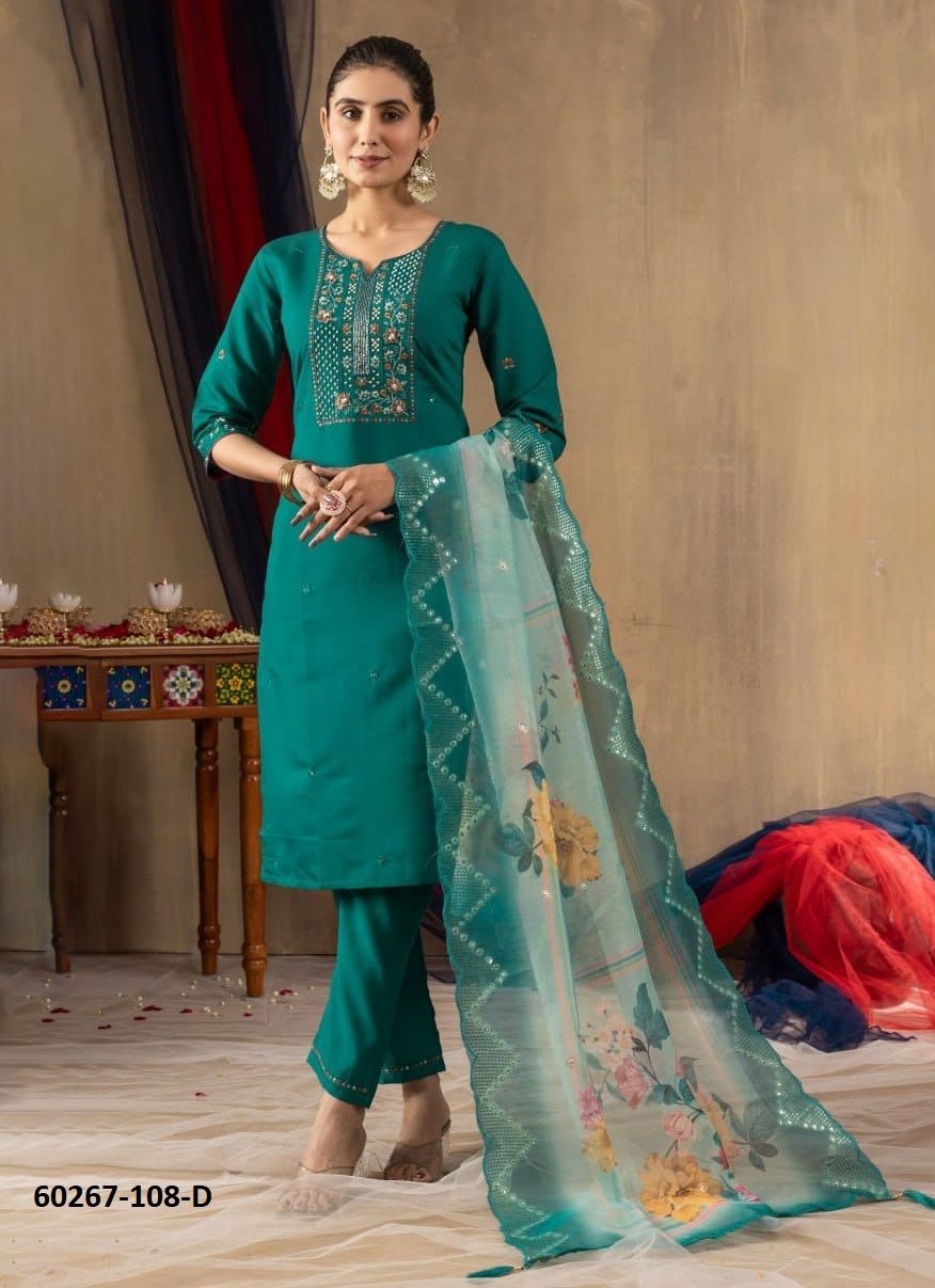 SILK & CHANDERI PRINT - Catalog # 60267 (Set of 4 Readymade Salwar Suits) MADE IN INDIA BY MEHERIYA