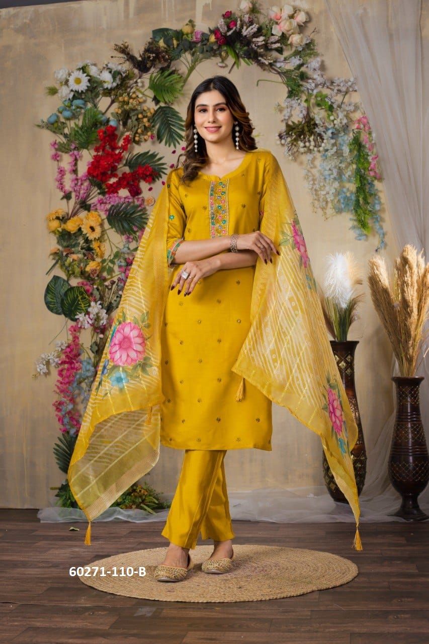 CHANDERI & SILK PRINT - Catalog # 60271 (Set of 4 Readymade Salwar Suits) MADE IN INDIA BY MEHERIYA