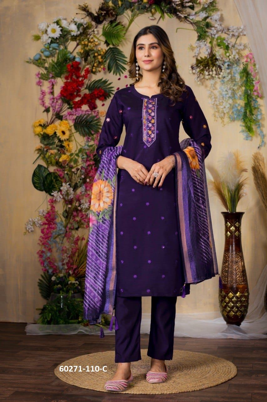 CHANDERI & SILK PRINT - Catalog # 60271 (Set of 4 Readymade Salwar Suits) MADE IN INDIA BY MEHERIYA