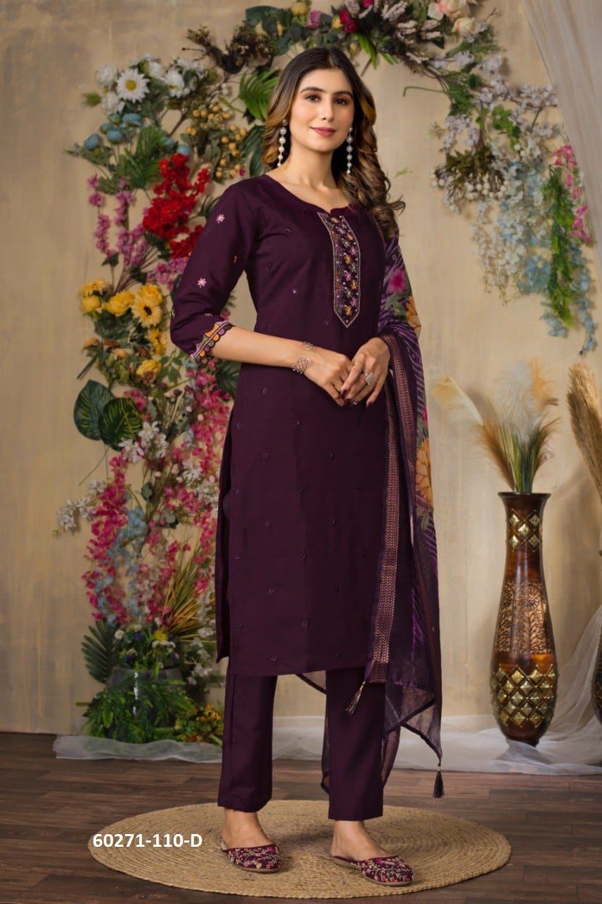 CHANDERI & SILK PRINT - Catalog # 60271 (Set of 4 Readymade Salwar Suits) MADE IN INDIA BY MEHERIYA
