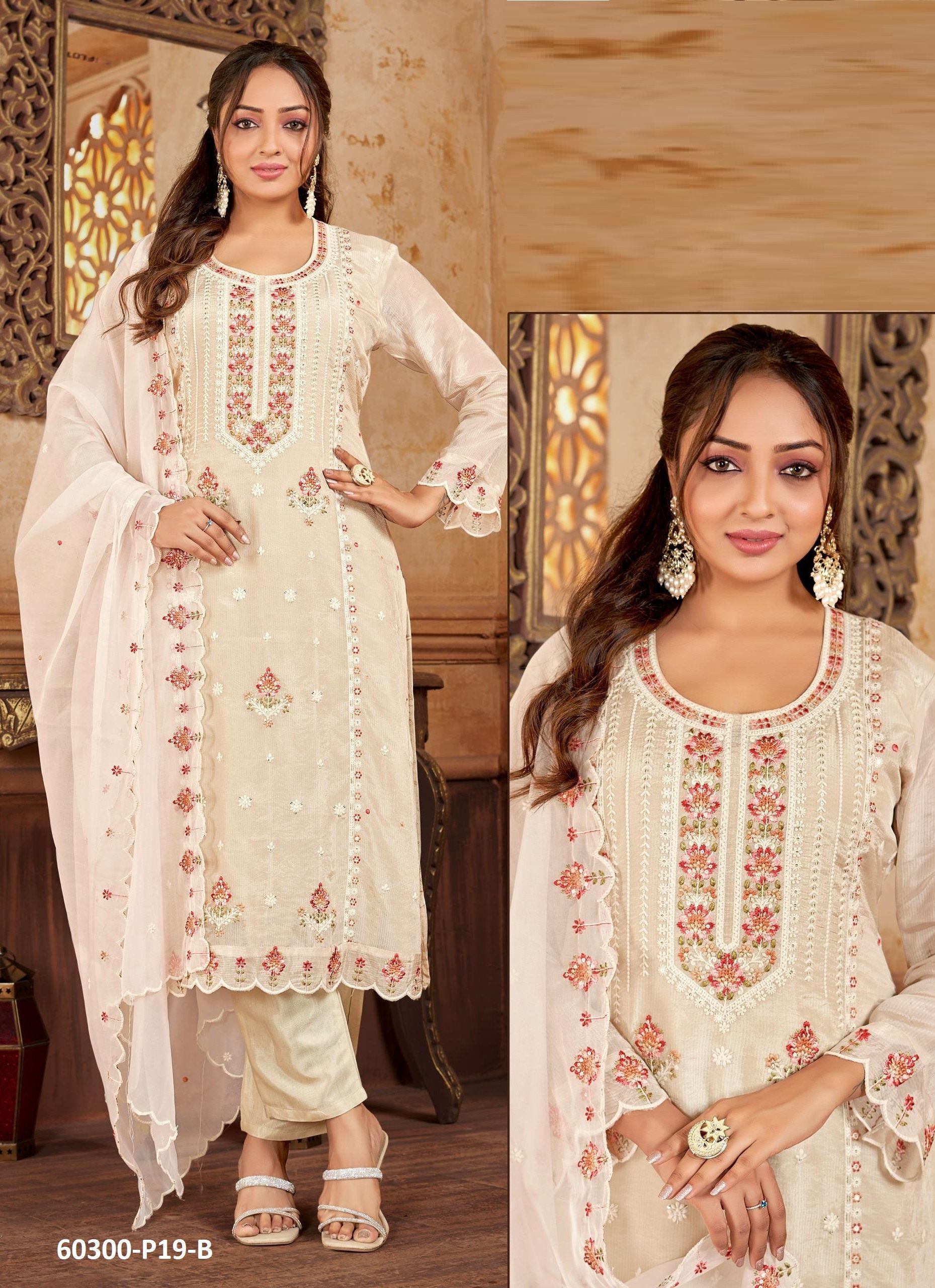 GLASS ORGANZA P19 - Catalog # 60300 (Set of 7 SIZE-SETS [Readymade Salwar Suits]) MADE IN INDIA BY AABHARAN