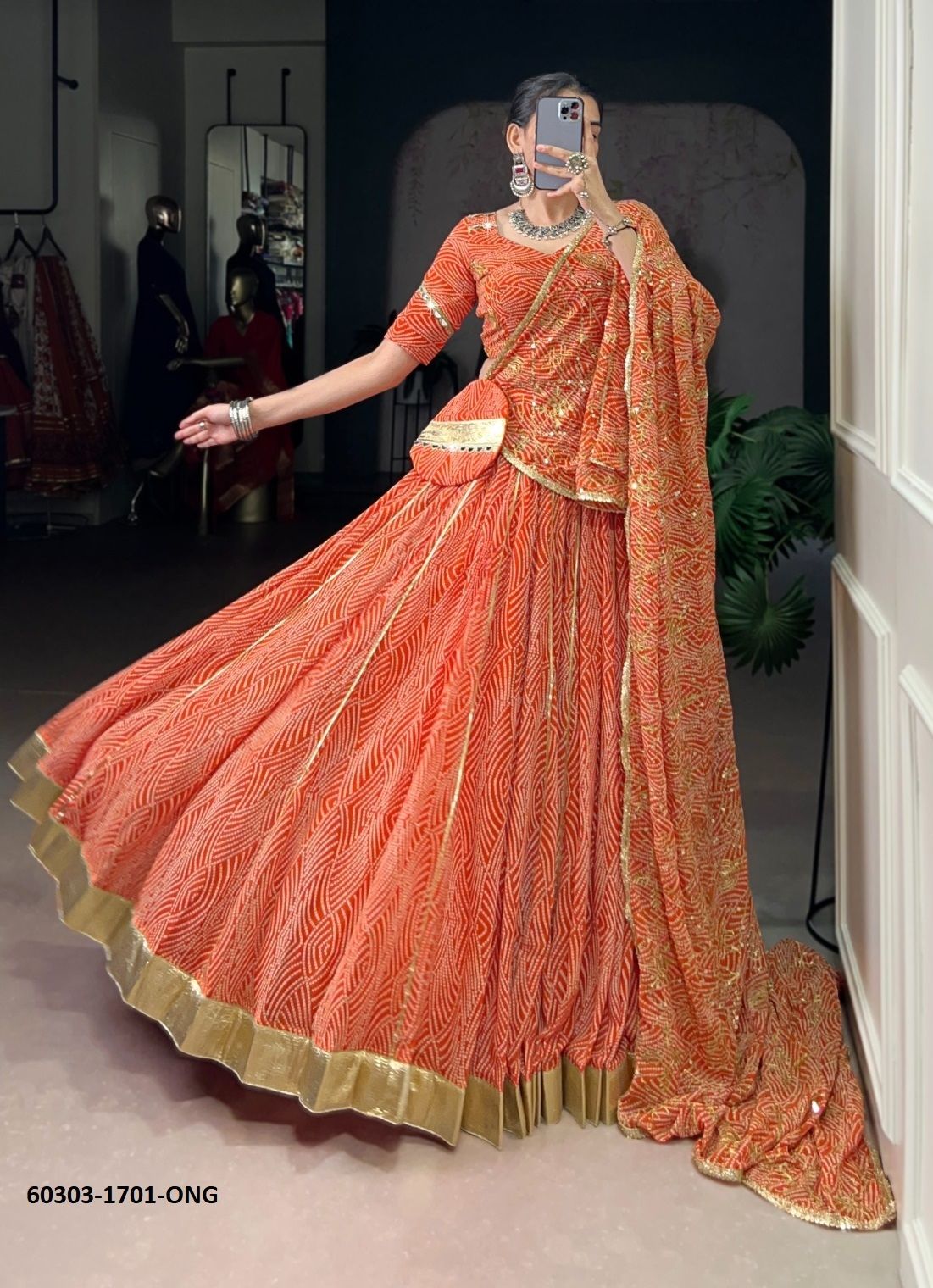 GEORGETTE BANDHANI PRINT 1701 - Catalog # 60303 (Set of 3 Readymade Lehengas) MADE IN INDIA BY AABHARAN GEORGETTE BANDHANI PRINT 1701 - Catalog # 60303 (Set of 3 Readymade Lehengas) MADE IN INDIA BY AABHARAN
